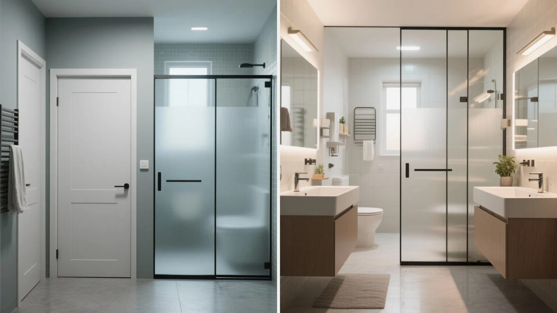 Modern bathroom interior design showing sliding glass doors for shower area with light wood cabinets