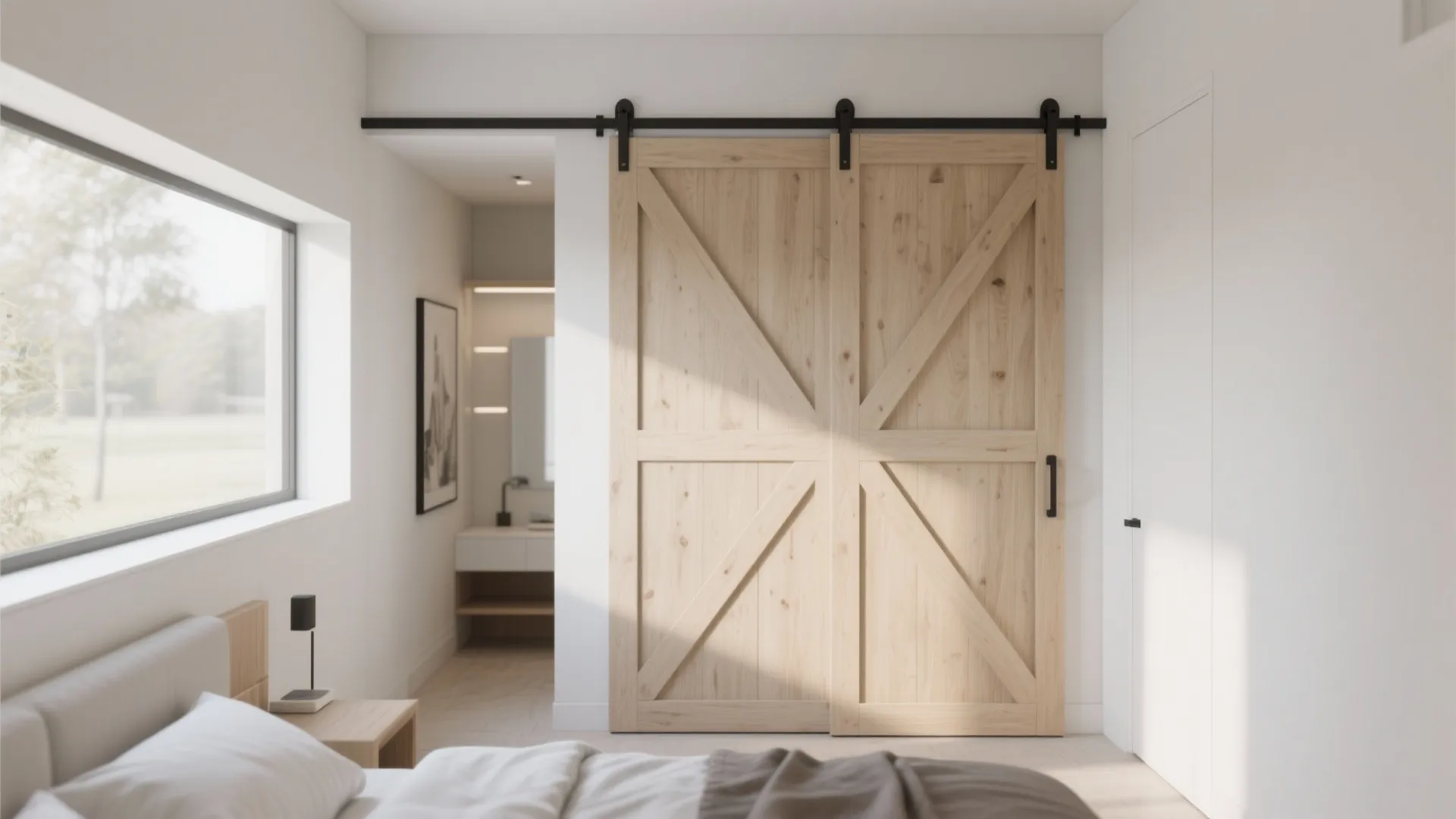 Bright bedroom with large wood sliding barn door leading into a clean white bathroom space
