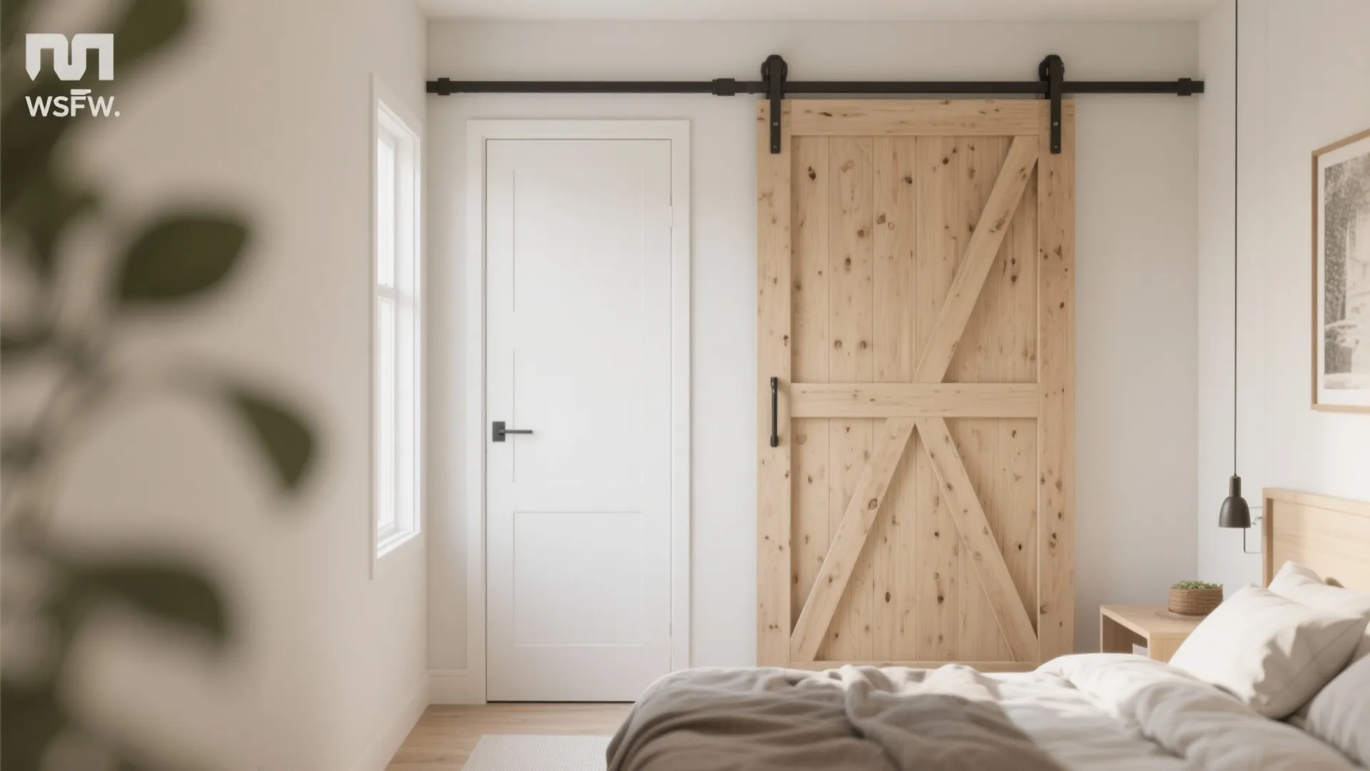 Bright bedroom showing a white standard door next to a light wood sliding barn door