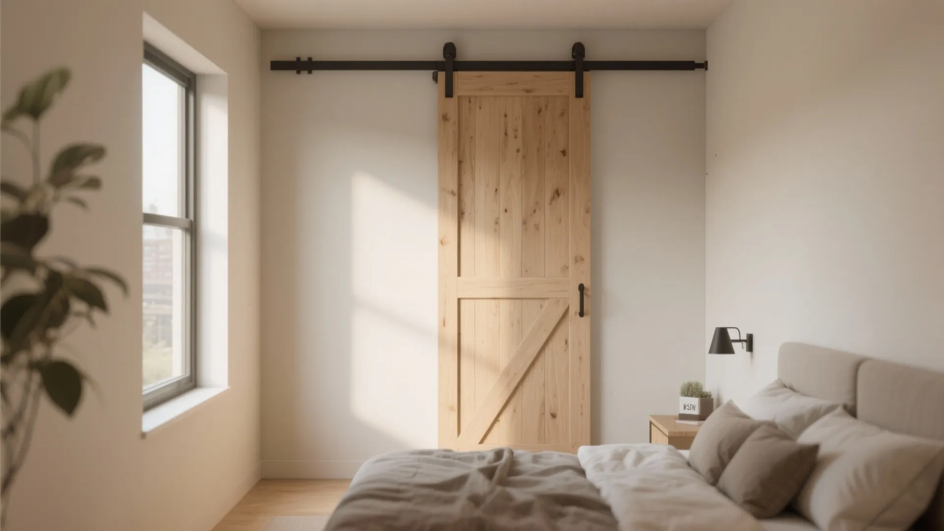 Wooden sliding door in a minimalist bedroom with white walls, large window, bed, and light