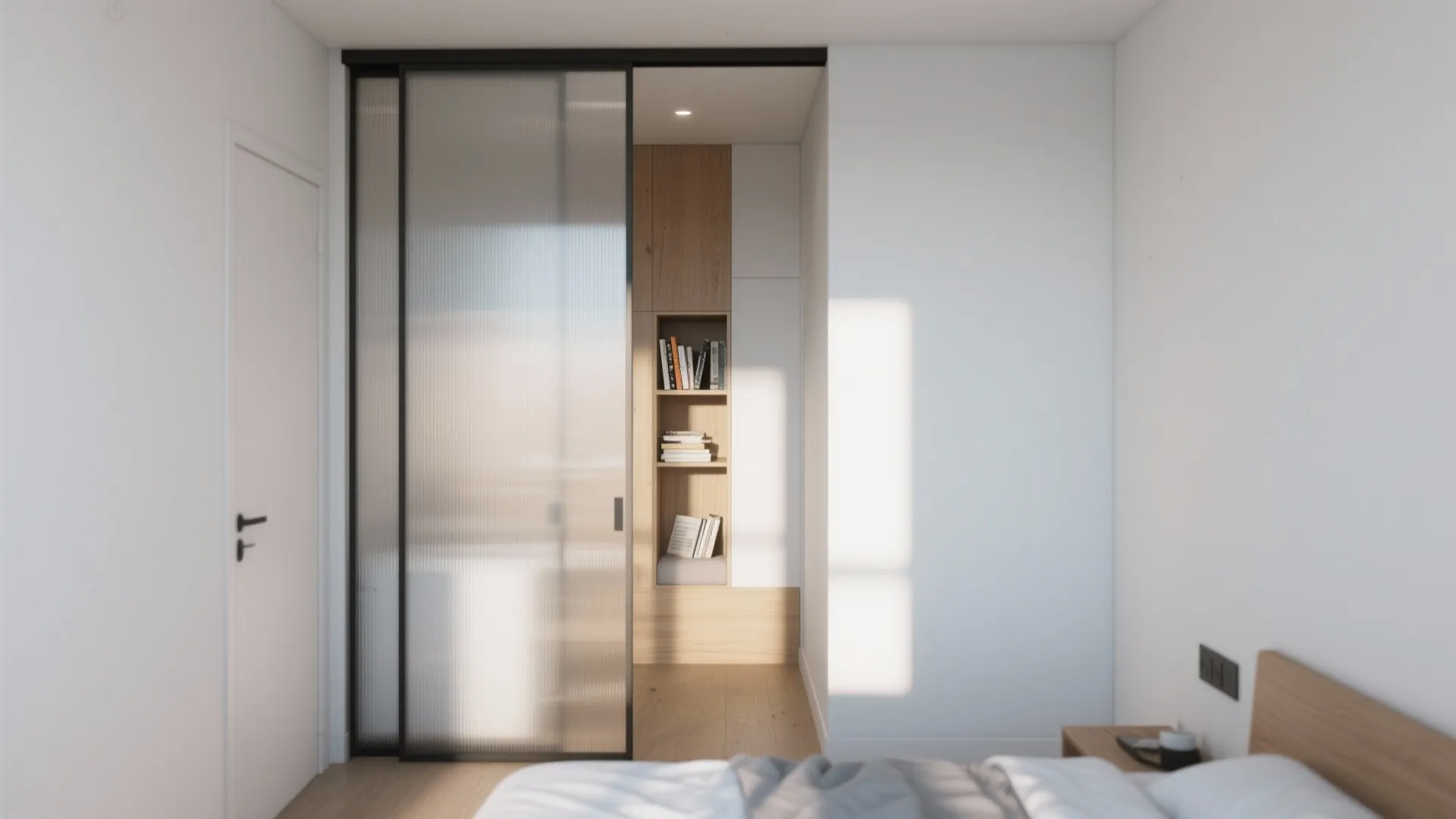Bedroom interior featuring a glass sliding door that leads to a wooden bookshelf and cabinet