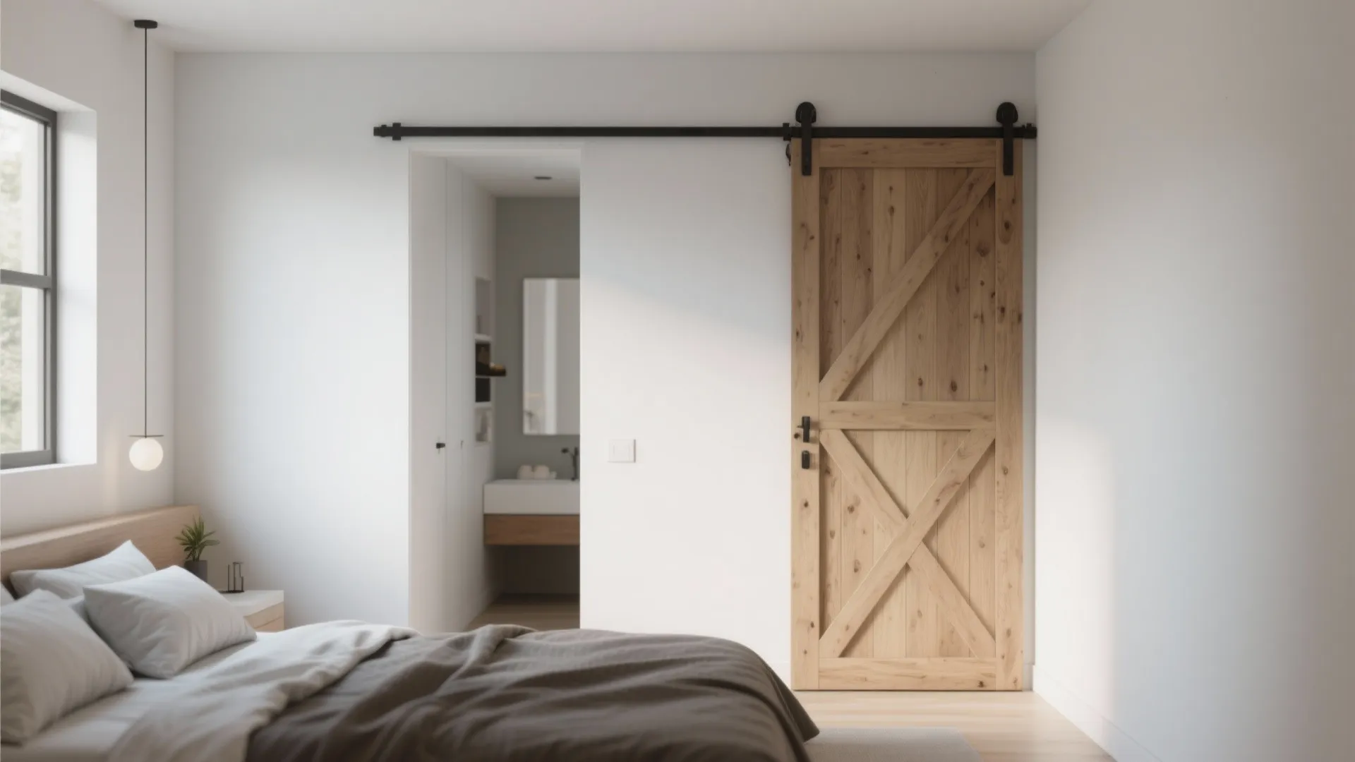 Modern bedroom with wooden sliding barn door leading to a bathroom with white walls and light