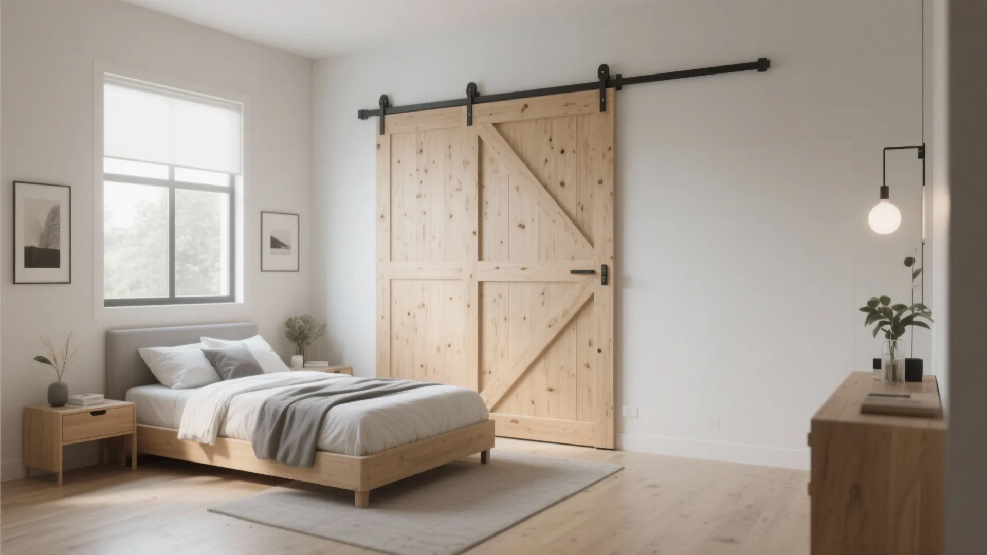 Modern bedroom featuring a large light wood sliding door with black hardware beside a bed