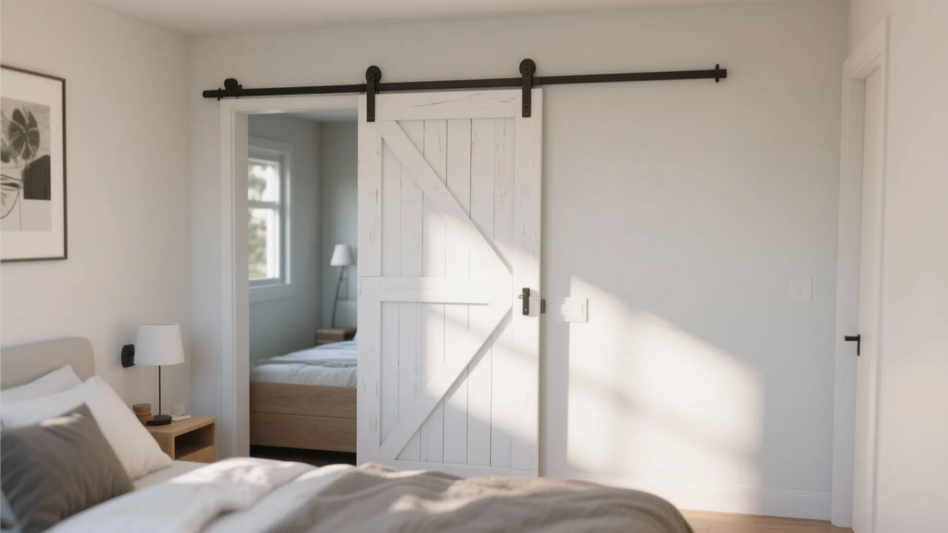 White sliding barn door separating two modern bedrooms with neutral colors and warm natural light