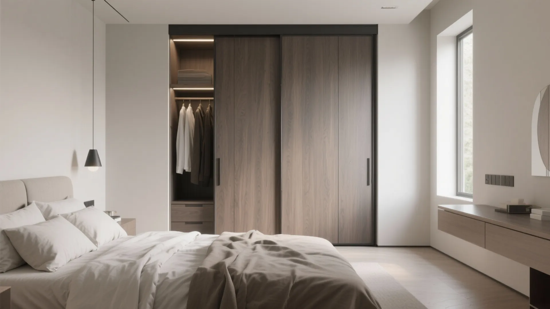 Modern bedroom featuring a large dark wood sliding door cabinet and a comfortable white bed