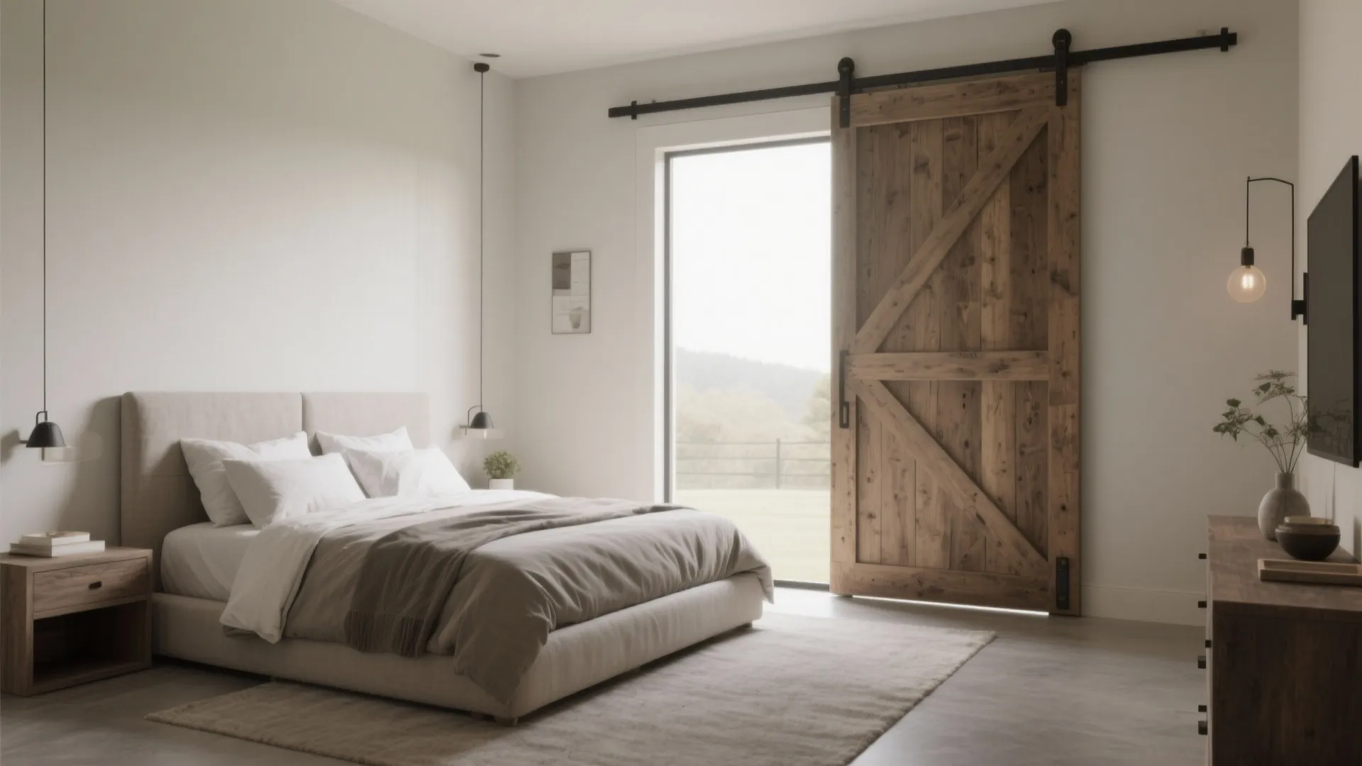 Modern bedroom with wooden sliding door, grey bed, bedside table, rug, and wall light fixtures