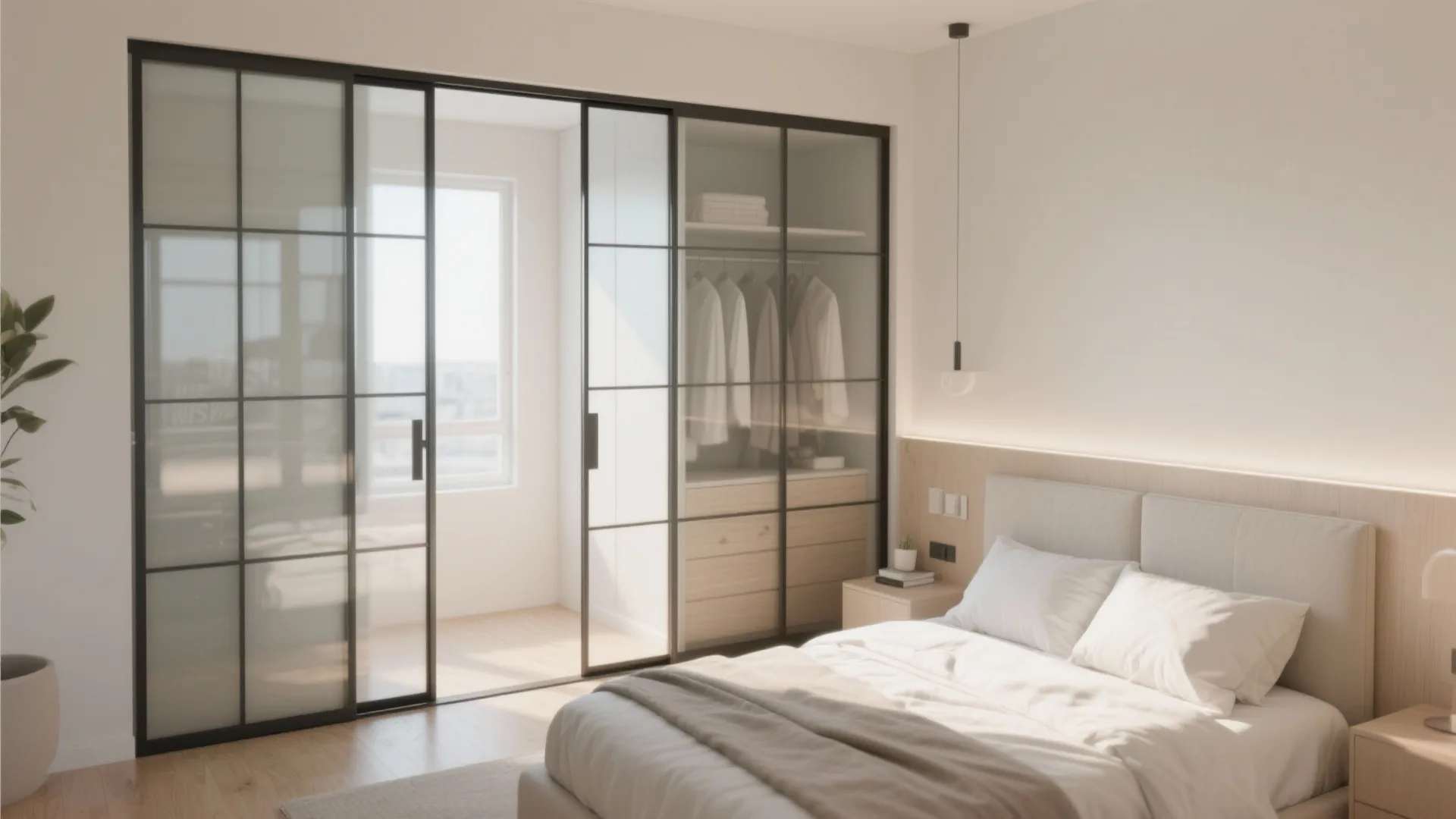 Wardrobe with glass sliding doors in bright small bedroom