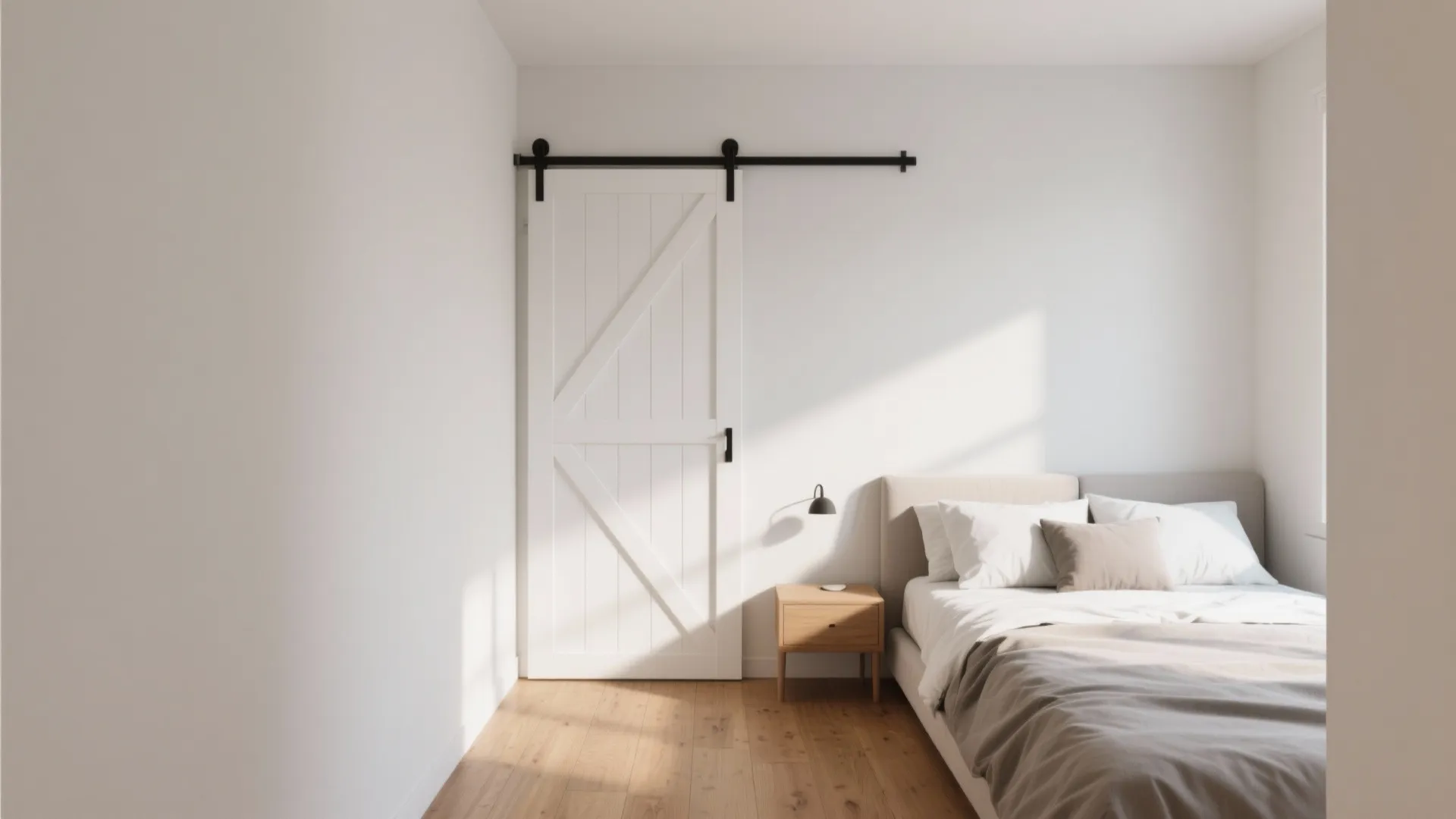 Bright white bedroom with wooden floor sliding barn door comfortable bed and small wood nightstand