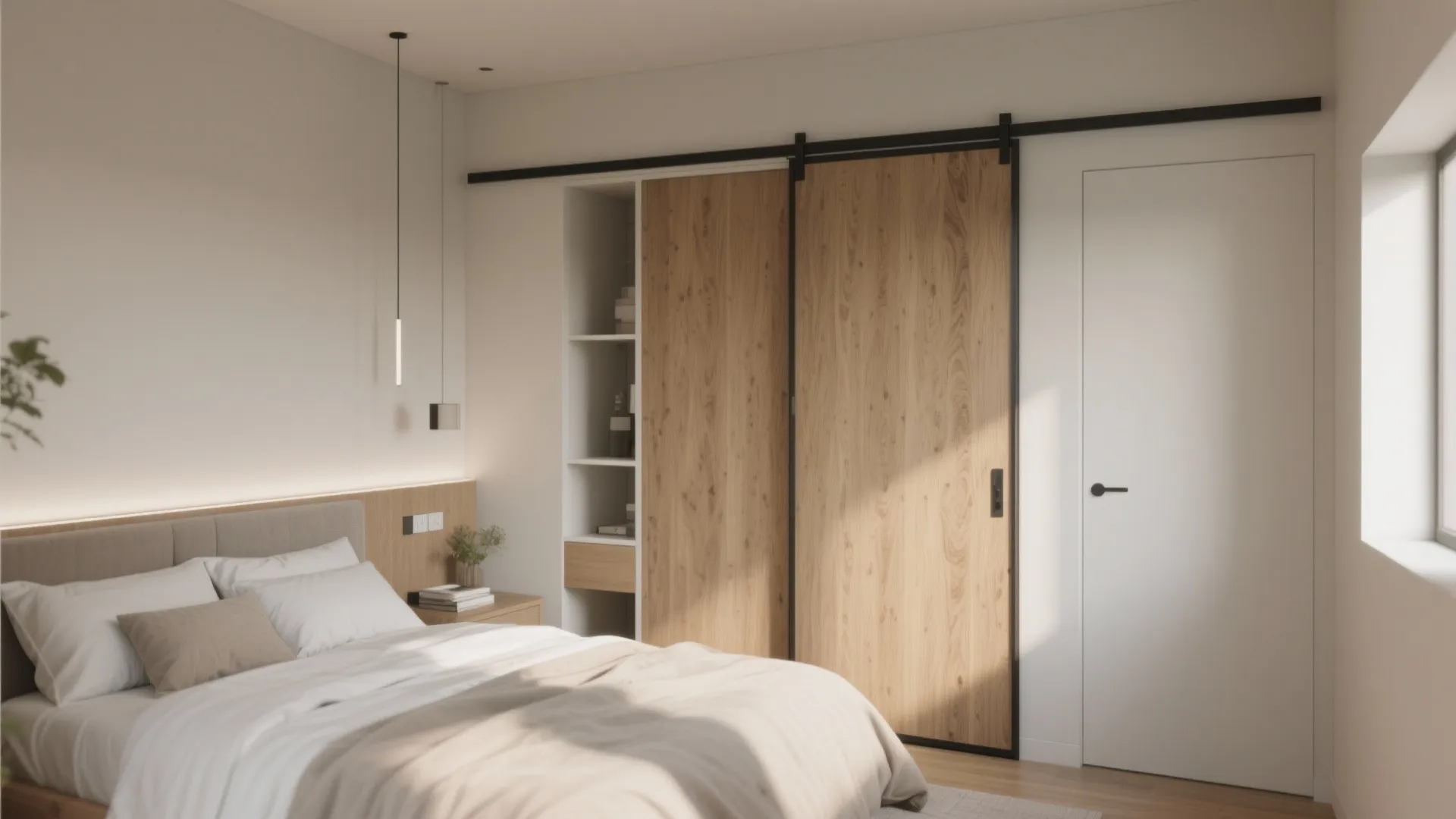 Bright bedroom featuring a comfortable bed with white pillows and large wooden sliding closet doors