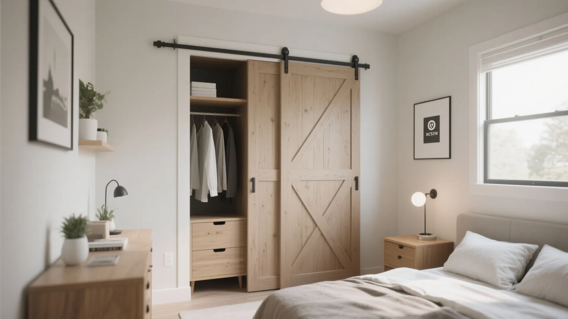 Bedroom with wooden sliding doors for closet white bed pillows and simple light wood furniture