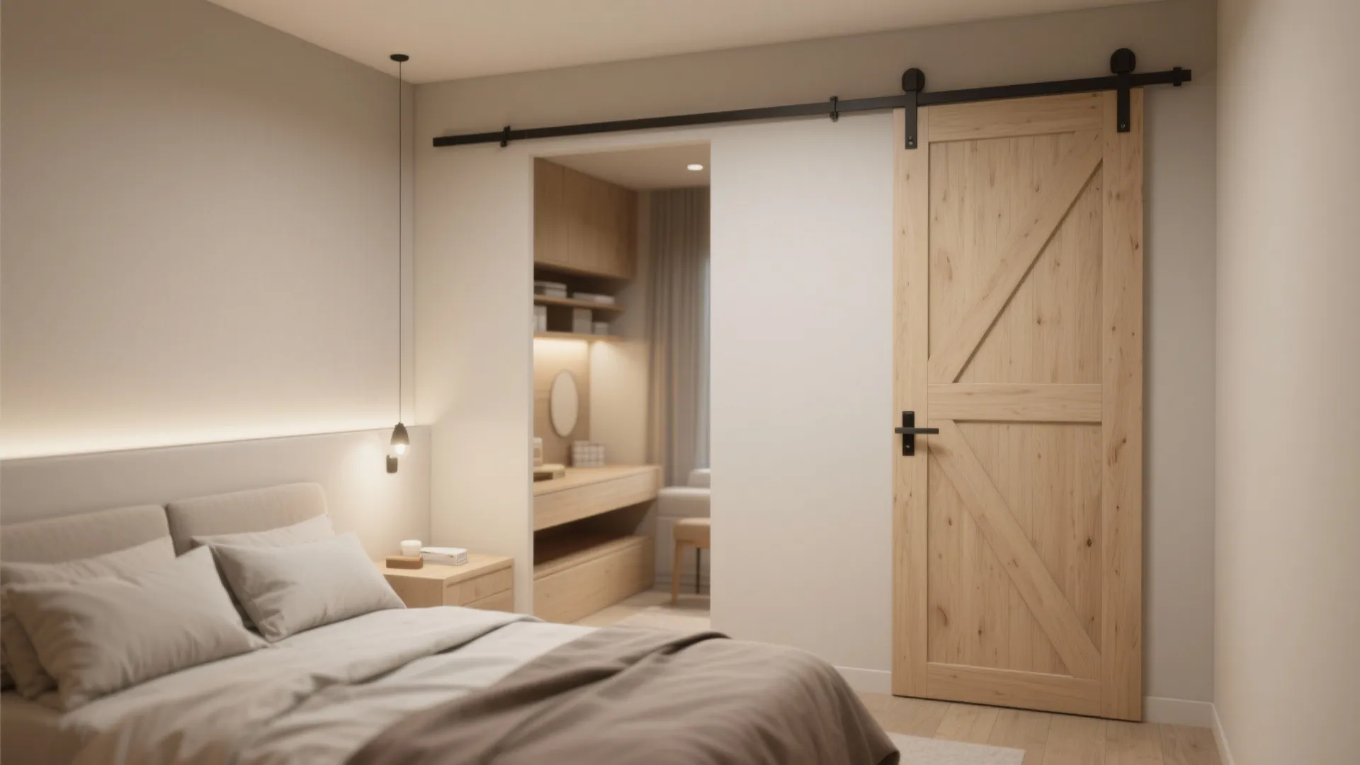 Wooden sliding barn door in a bedroom leading to a dressing area with warm lighting