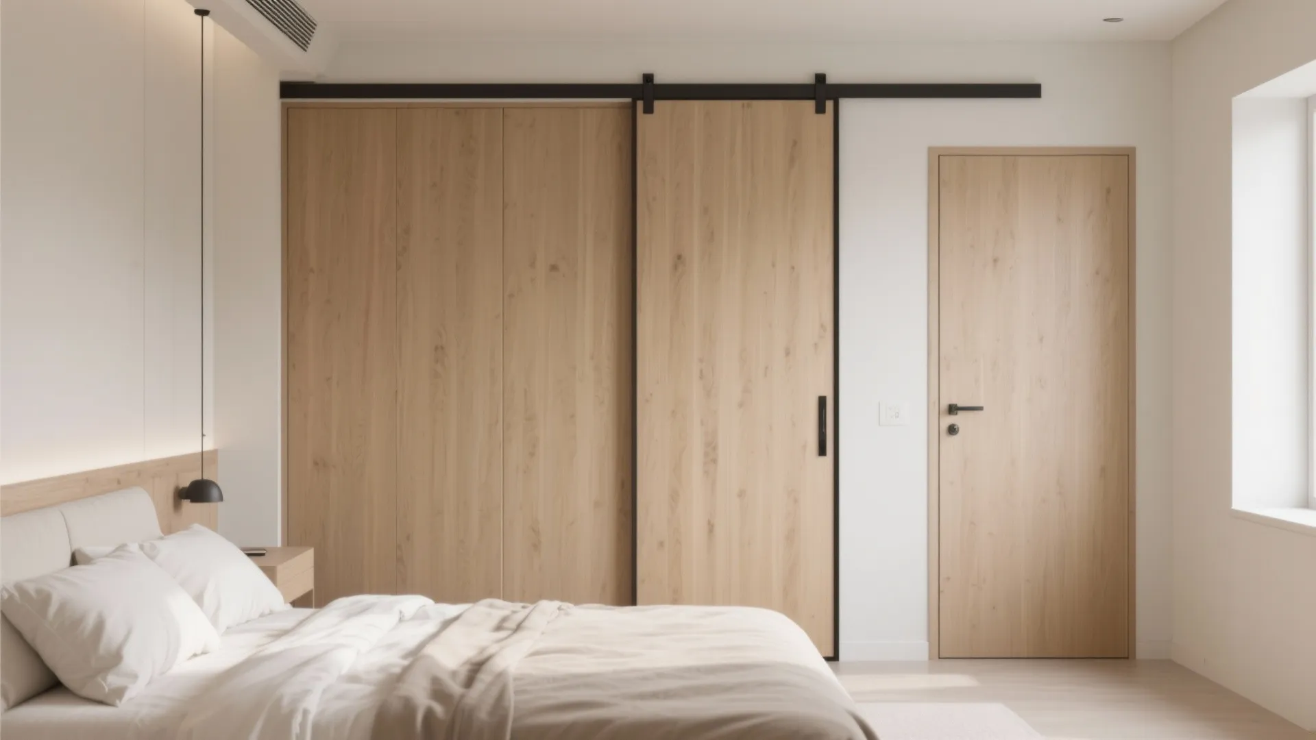 Minimalist bedroom featuring light wood sliding door with black metal track and matching wooden closet doors
