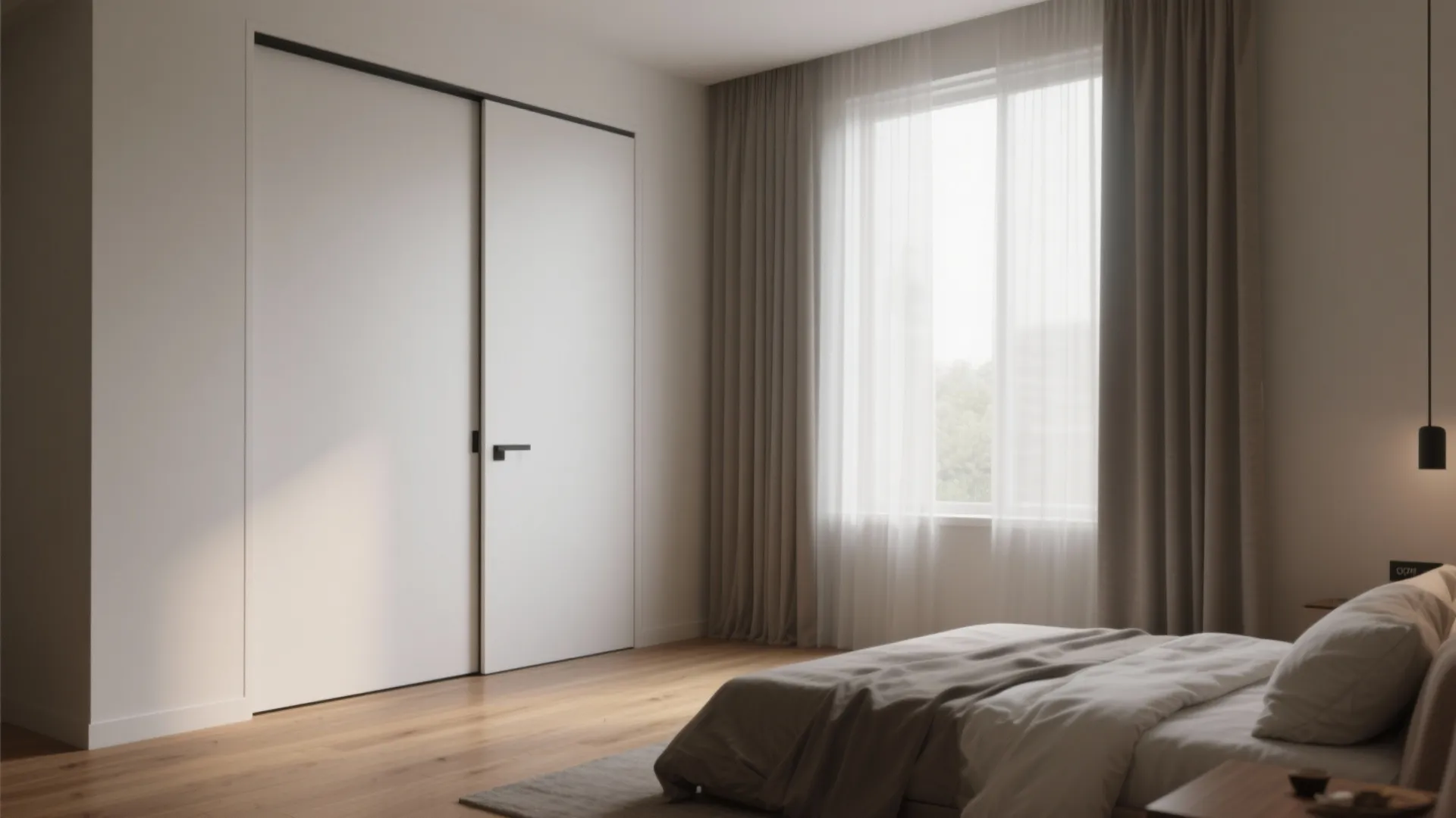 Minimalist bedroom featuring white sliding doors large window with curtains wood floor and comfortable bed