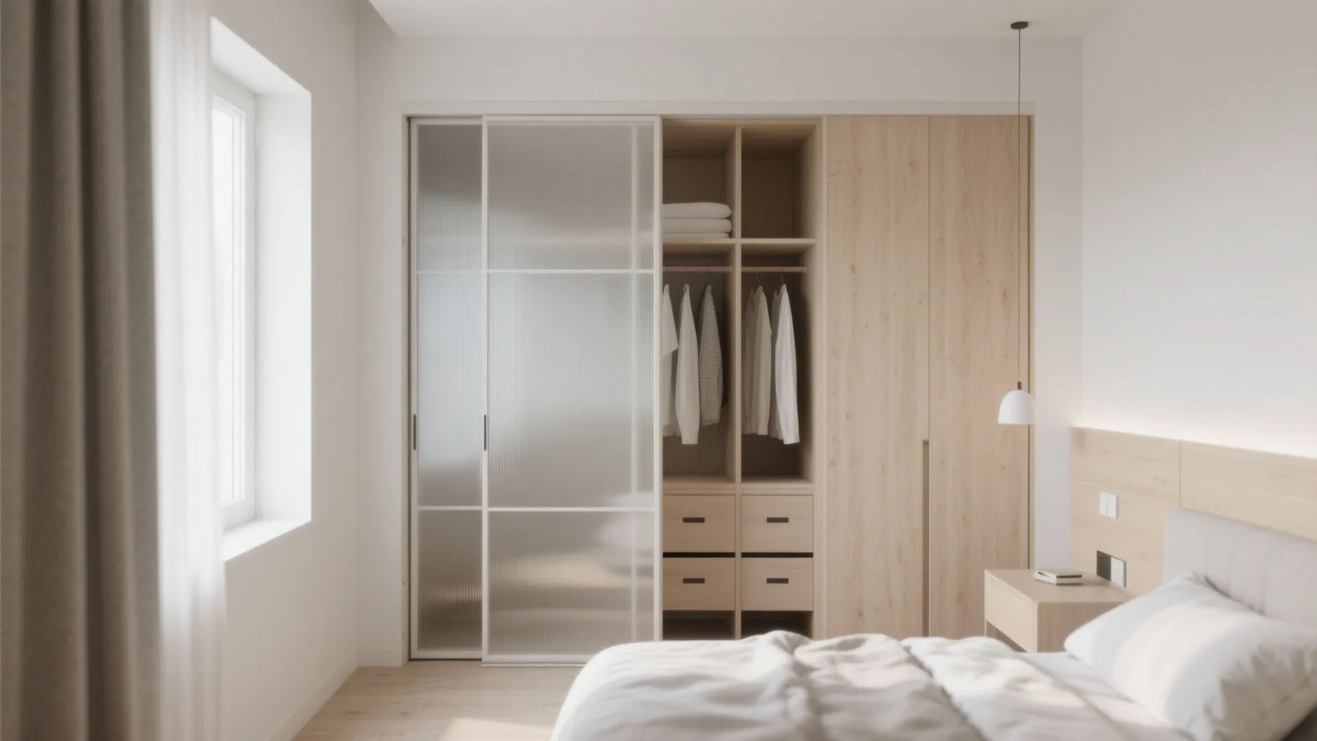 Modern bedroom with wooden cabinet and sliding glass doors showing neatly organized clothes and white bedding
