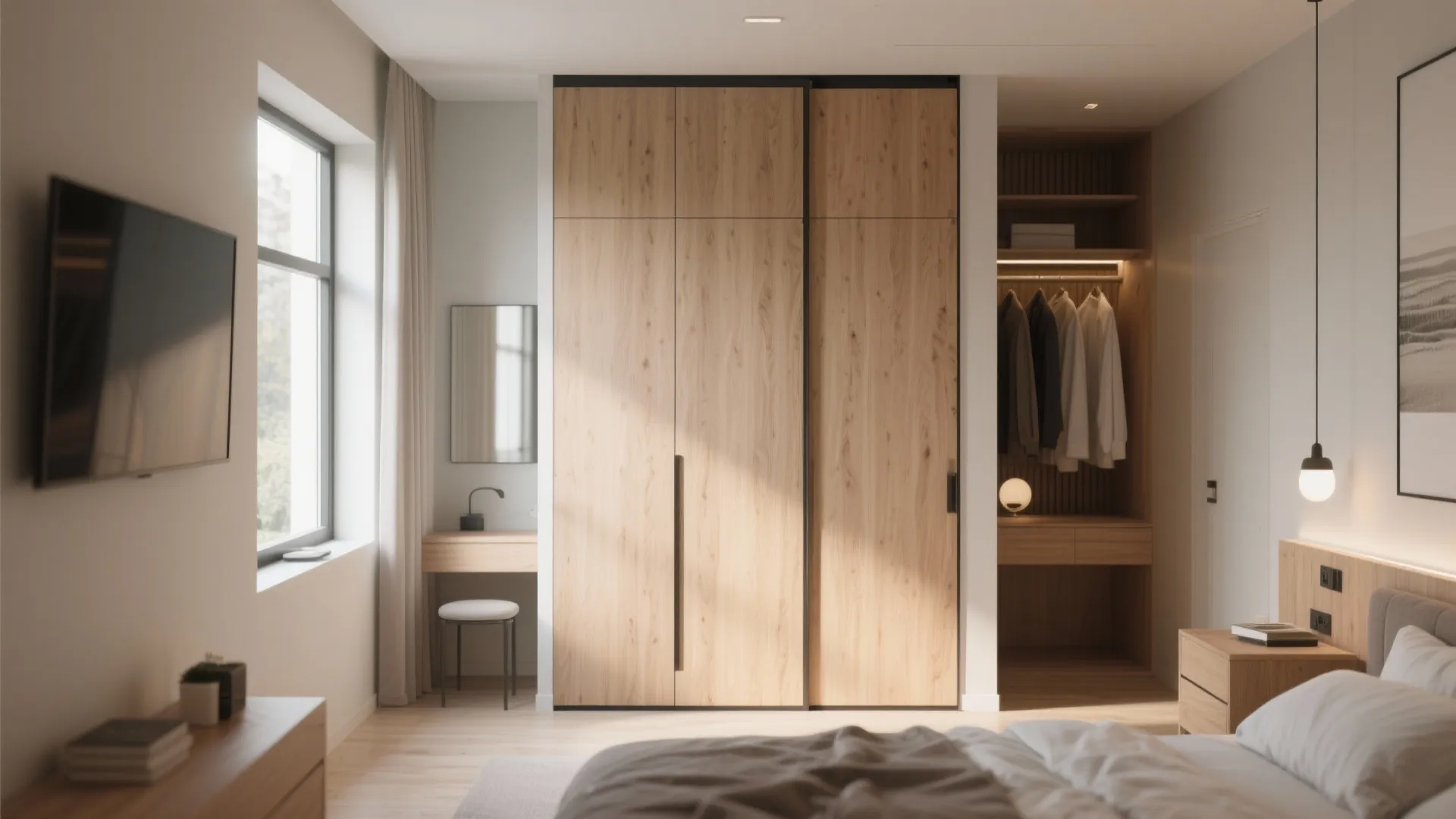 Bedroom interior featuring a large wooden sliding door cabinet wall mounted television and dressing table