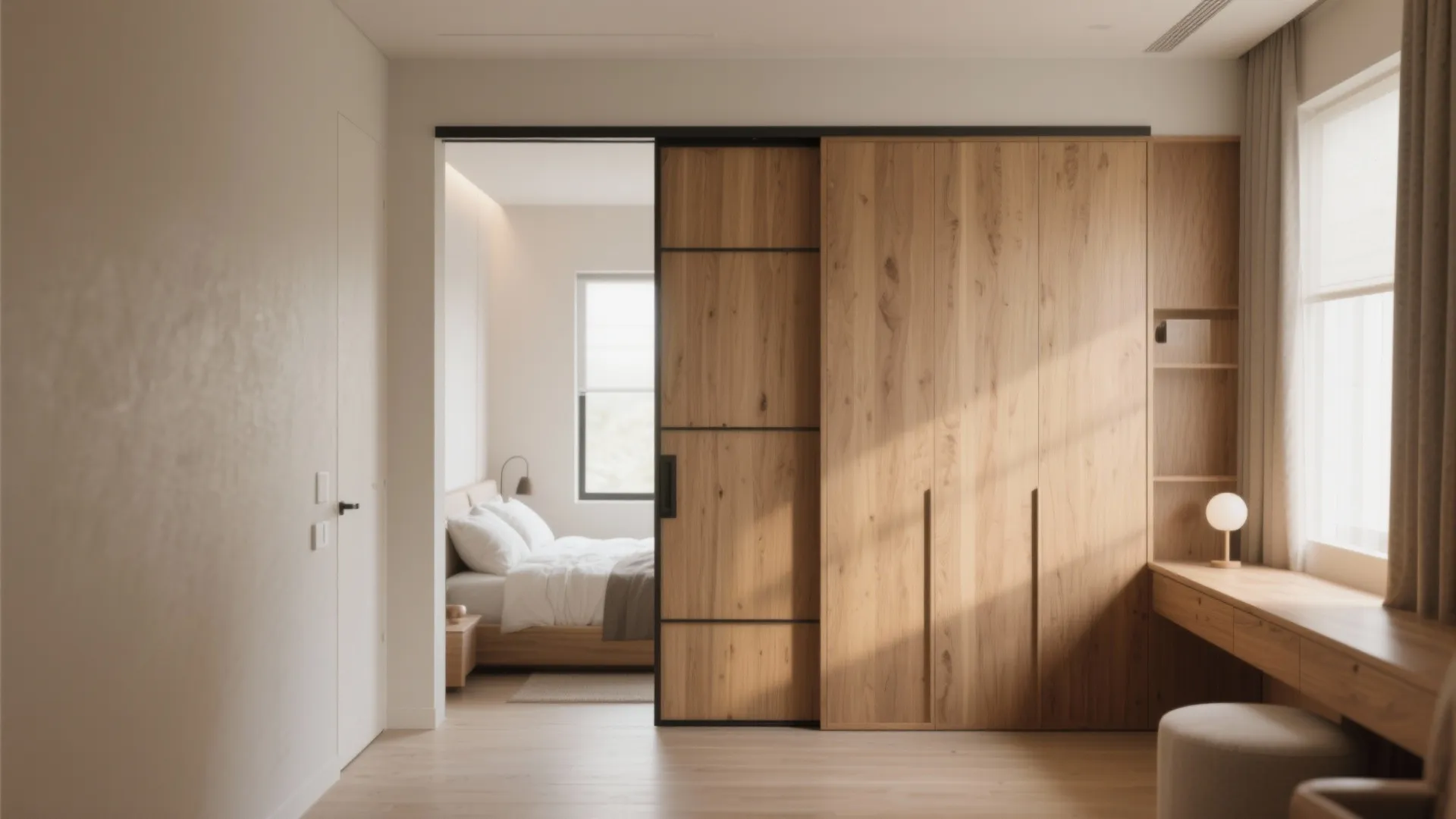 Modern bedroom featuring a wooden sliding door that separates the sleeping area from the cabinet