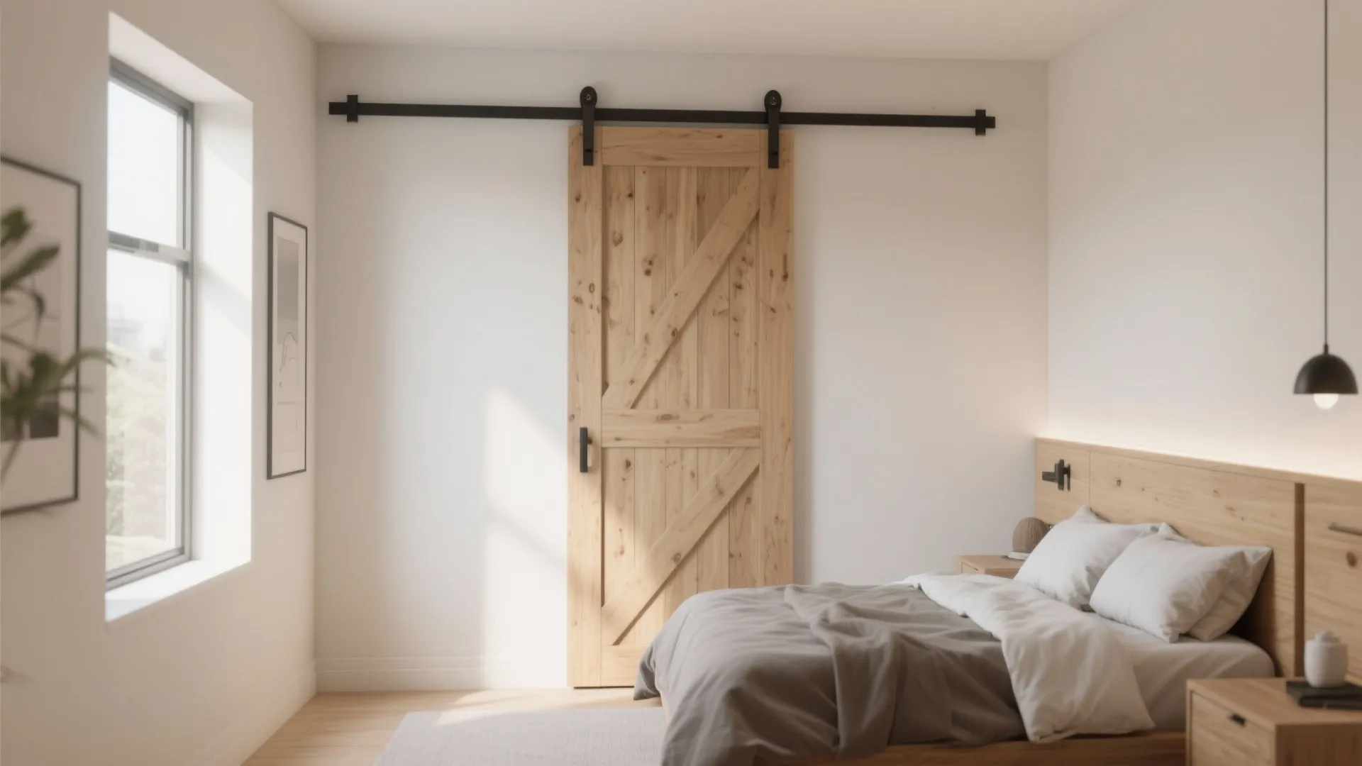 Small bedroom with a sliding barn door space-saving design