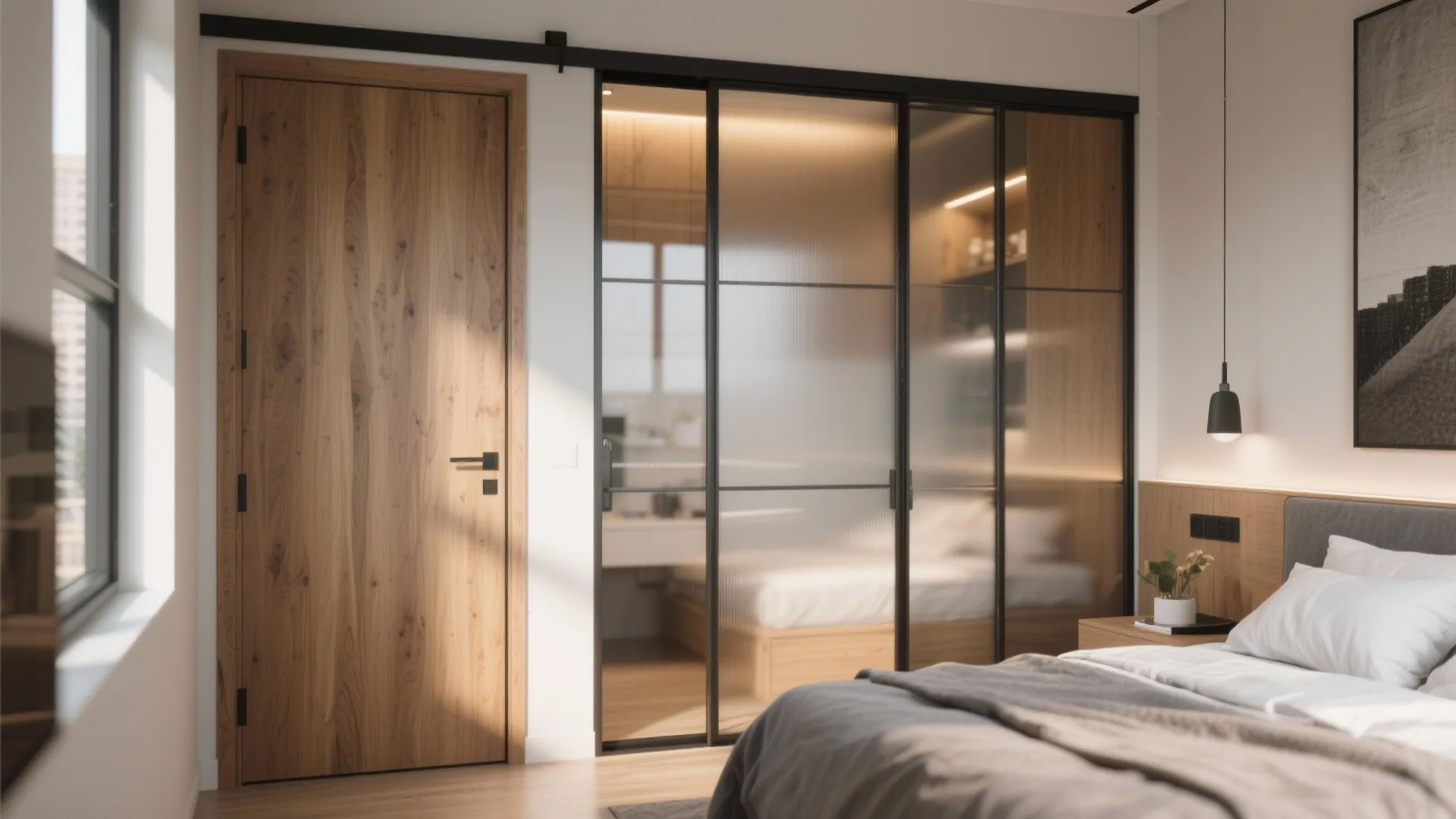 Modern bedroom with wooden door glass sliding door light fixture wall panel and comfortable white bed