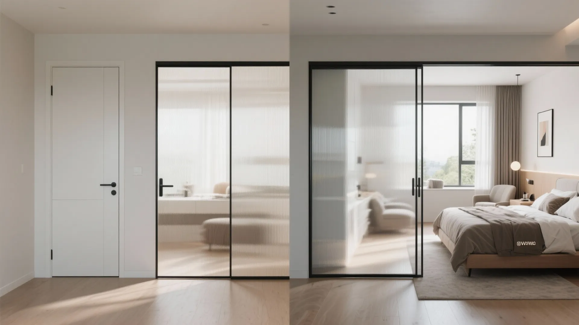 Before and after view of a frosted glass sliding door separating a bedroom and hallway
