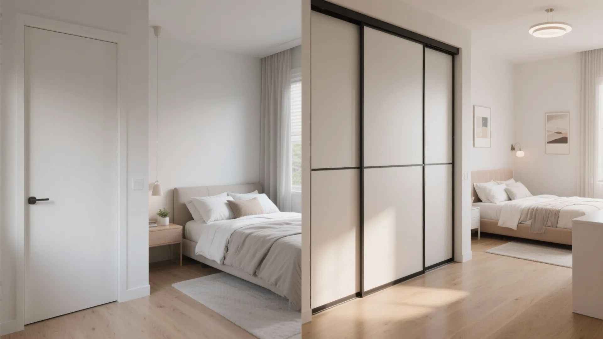 Before and after interior design drawing showing the addition of a large sliding closet door system