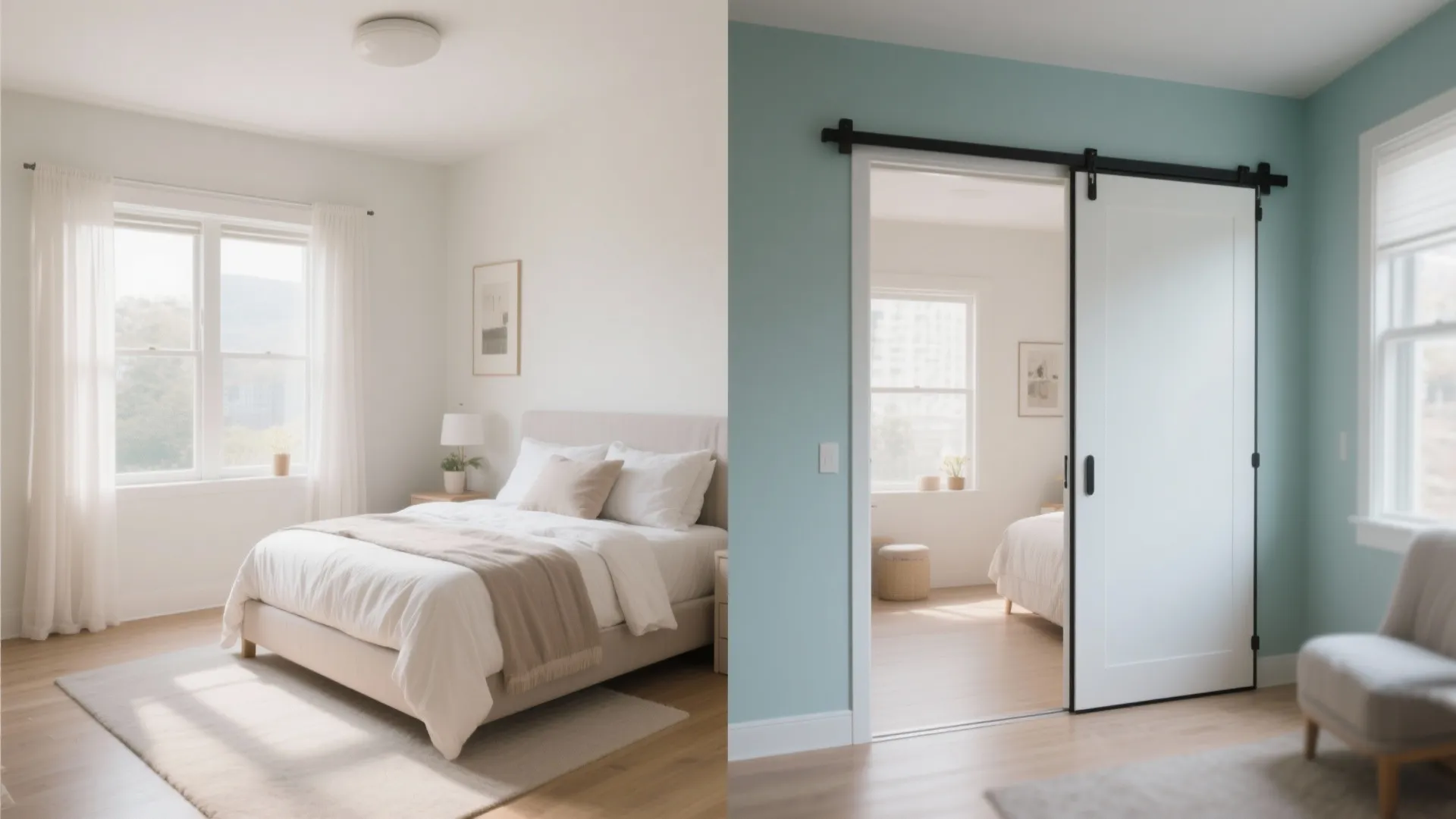 Comparison showing a white bedroom versus a blue wall with a white sliding barn door