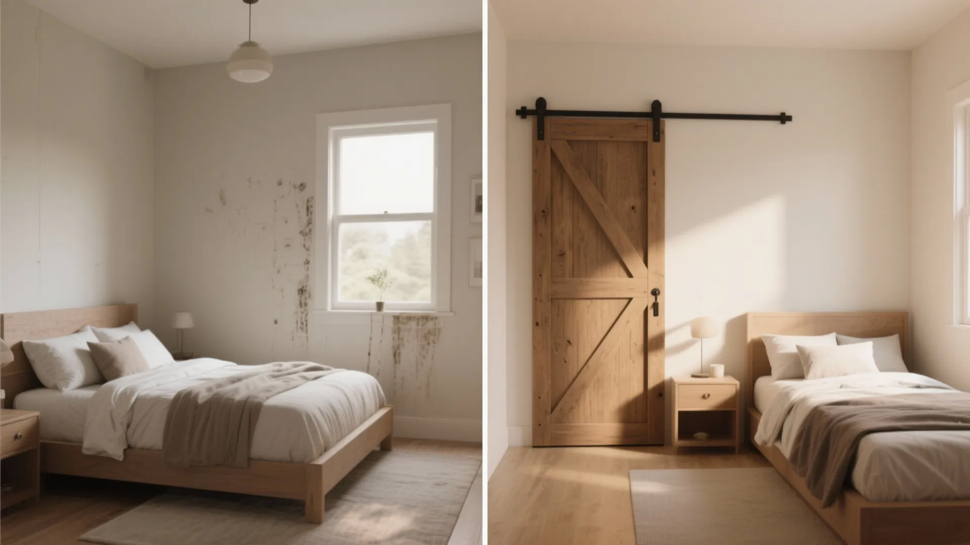 Before and after comparison of a messy bedroom wall replaced with a sliding wooden door