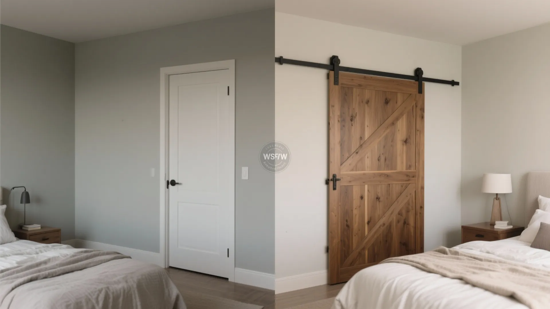 Before and after comparison of a white standard door replaced with a wooden sliding door
