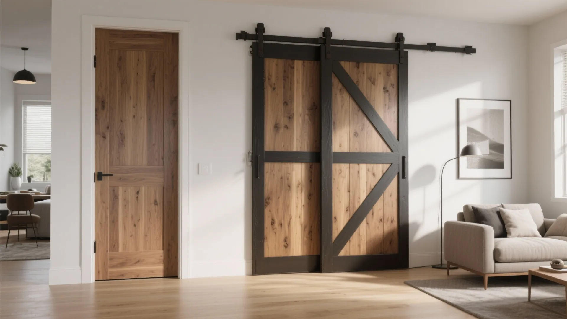 Interior view showing a traditional hinged wooden door next to a black sliding barn door