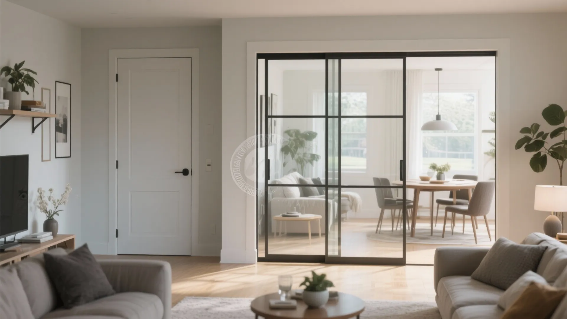 Modern living room featuring black framed glass sliding doors connecting to a bright dining area