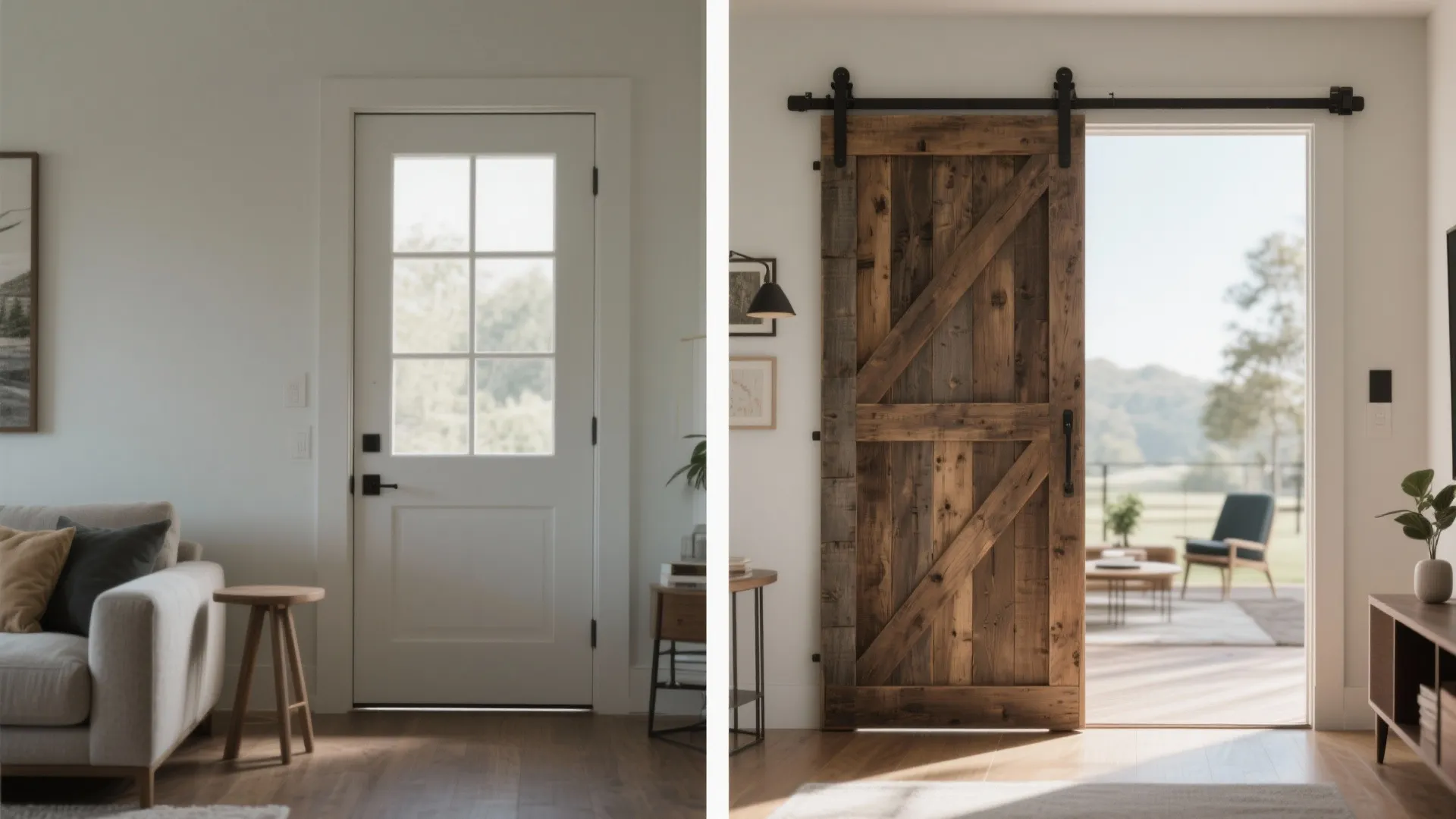 Before and after comparison showing a standard white glass door versus a rustic wooden sliding door