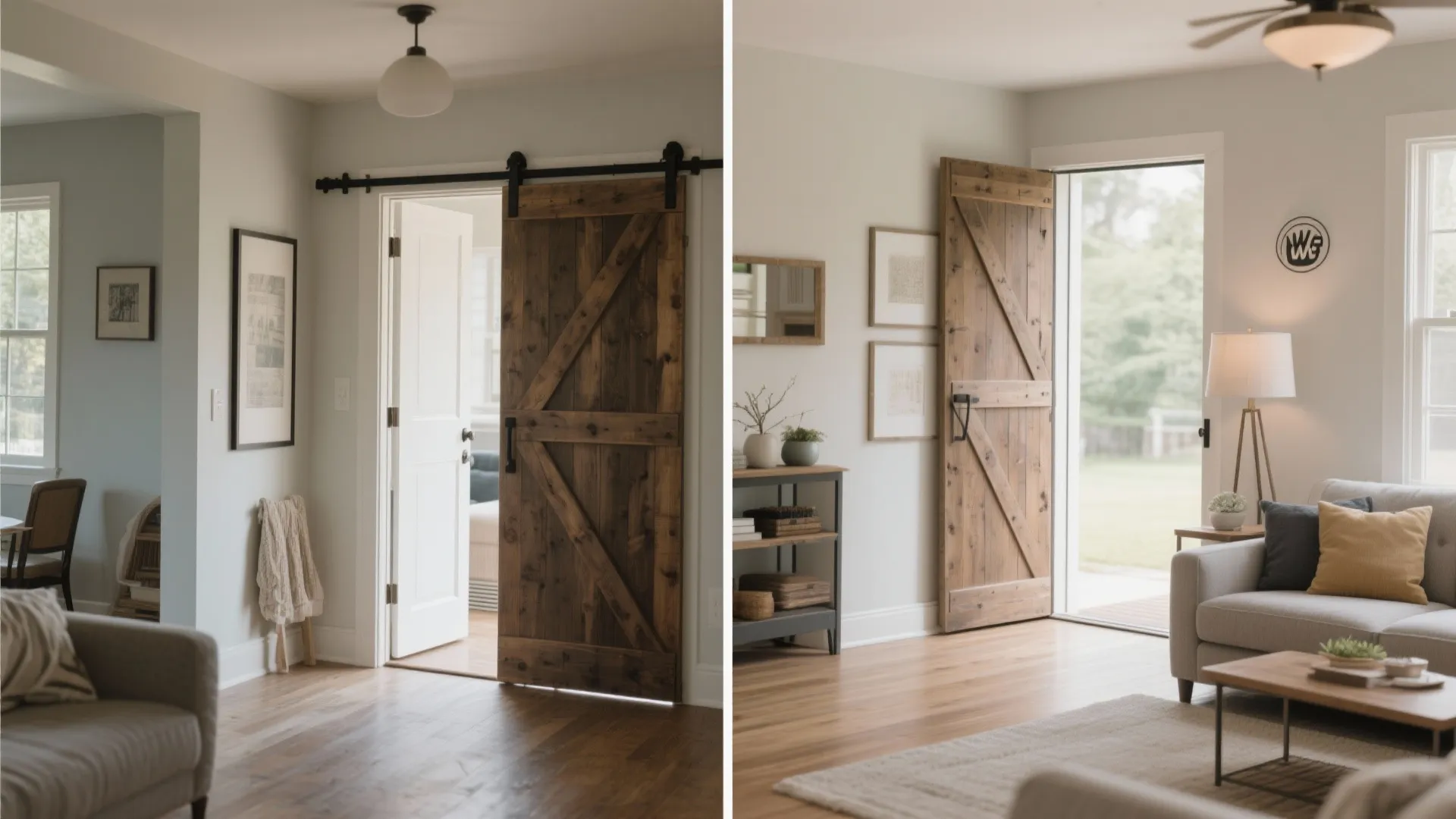 Before and after comparison showing a sliding wooden barn door replacing a standard white door
