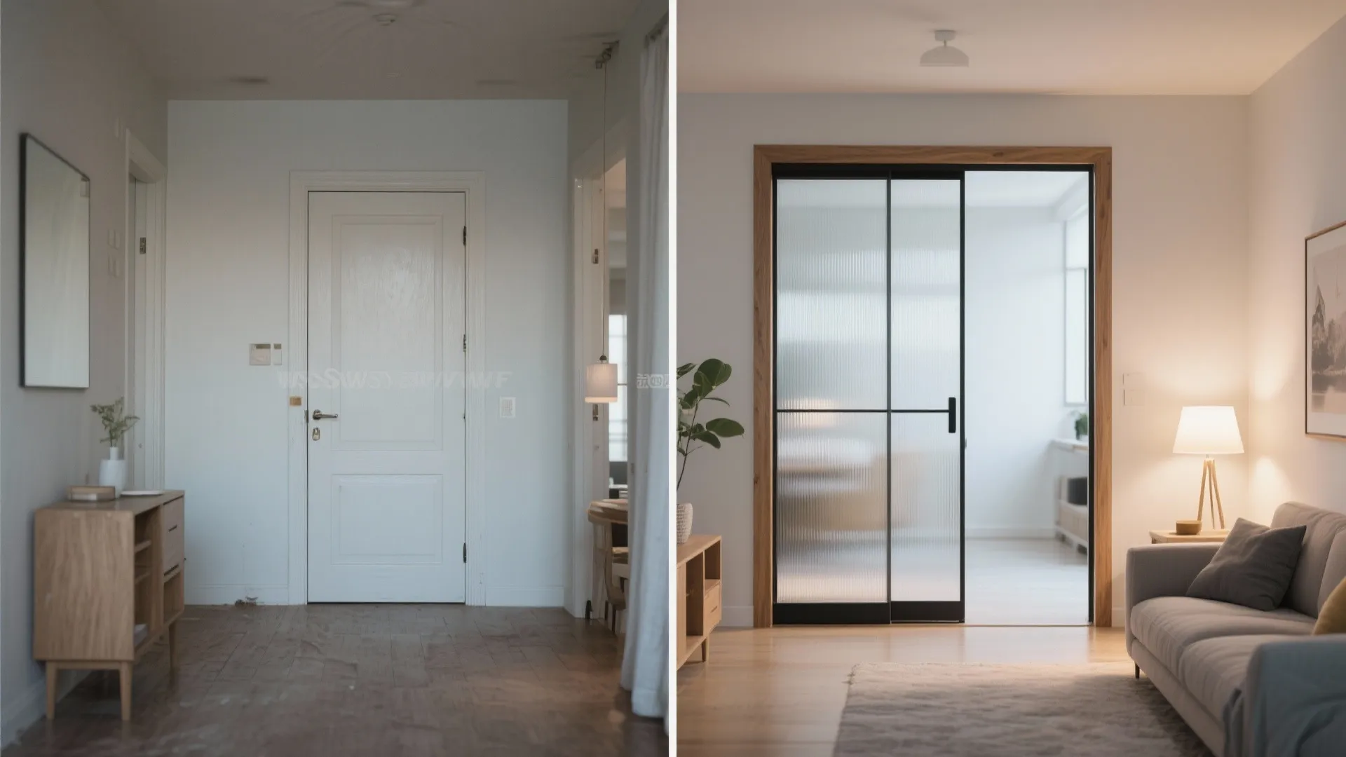 Before and after comparison of a white wooden door replaced by a black sliding glass door