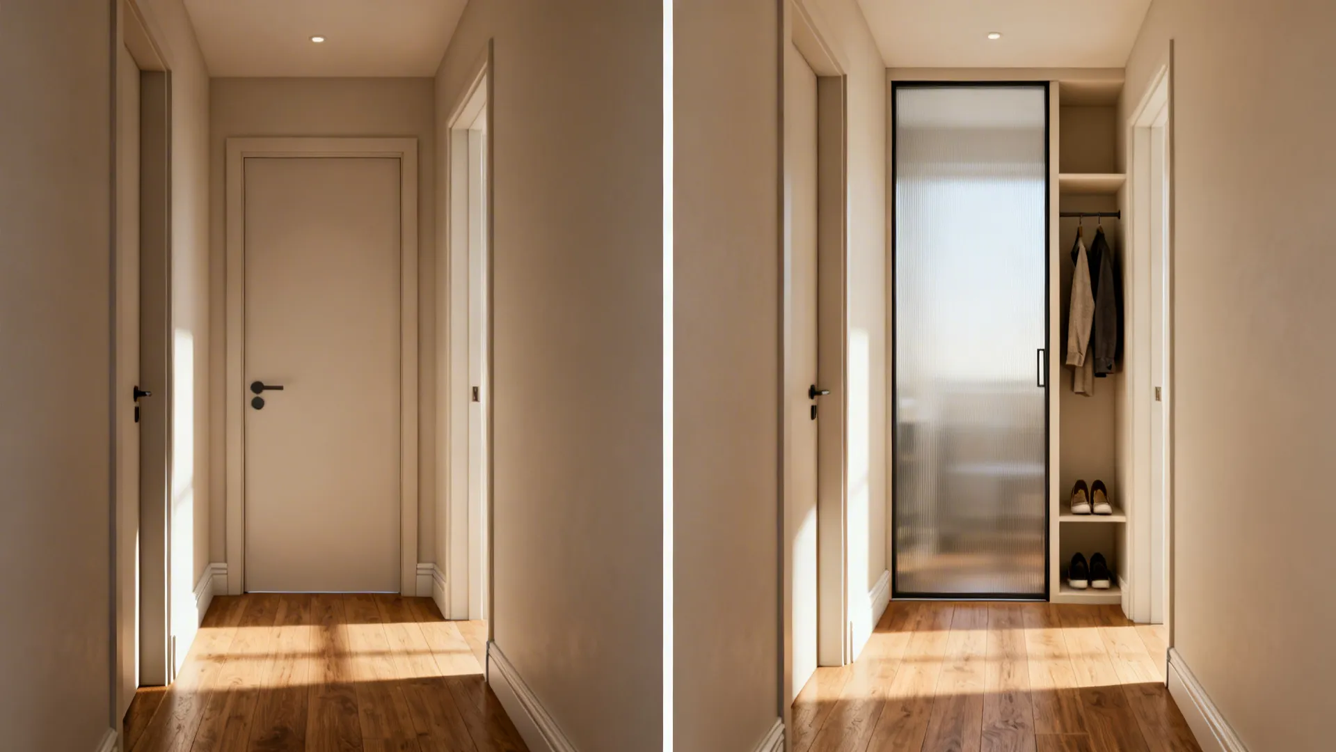 Before: swing door blocking corridor; After: pocket door and niche widen the walkway with more light.