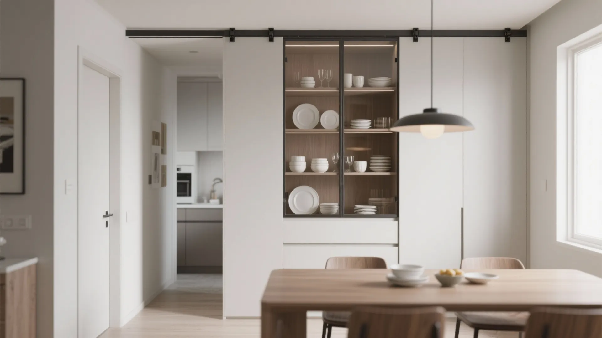Modern dining room with wooden table black ceiling light and white sliding door storage cabinet