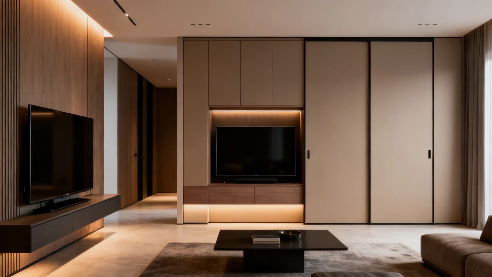 Before-and-after of a living room with a convertible cabinet that slides closed to hide the TV.