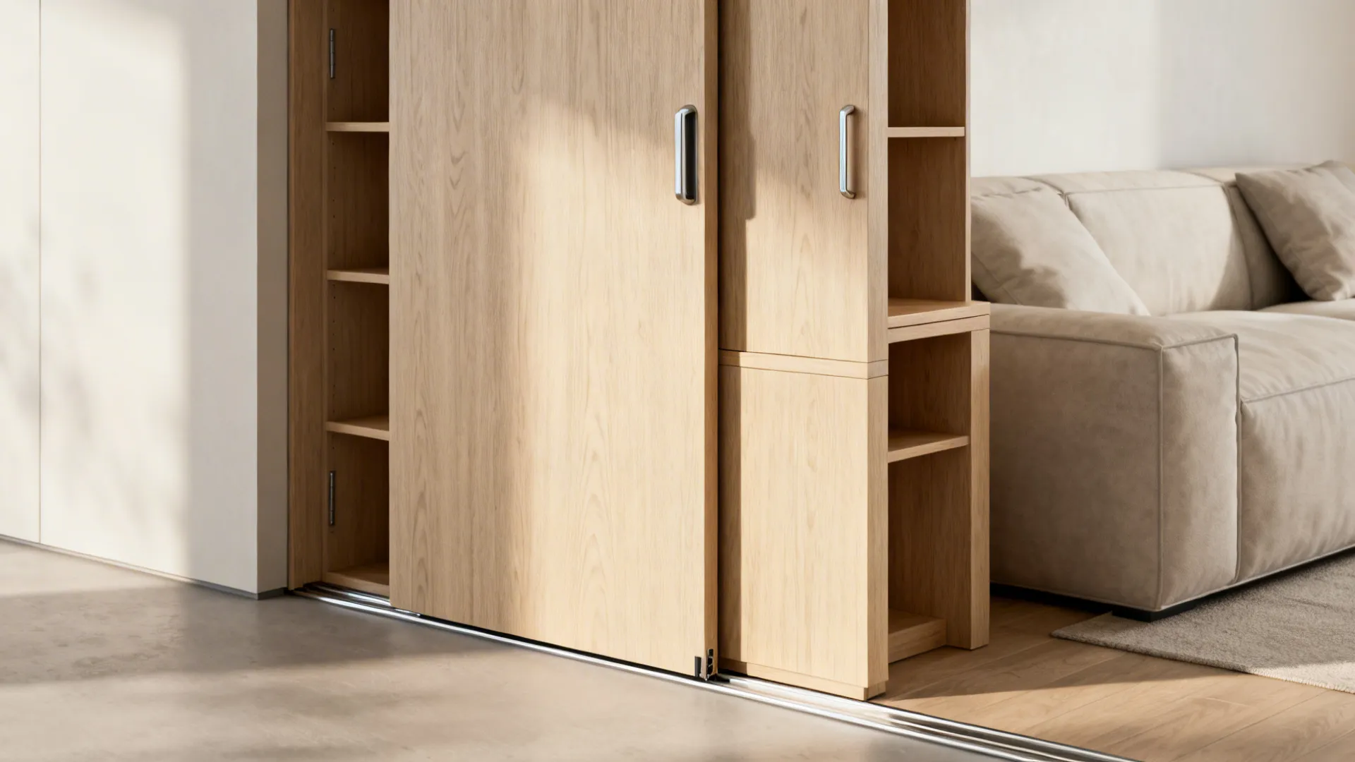 Narrow sliding-door end cabinet beside a sofa in a tight walkway, door partially open showing interior shelves.