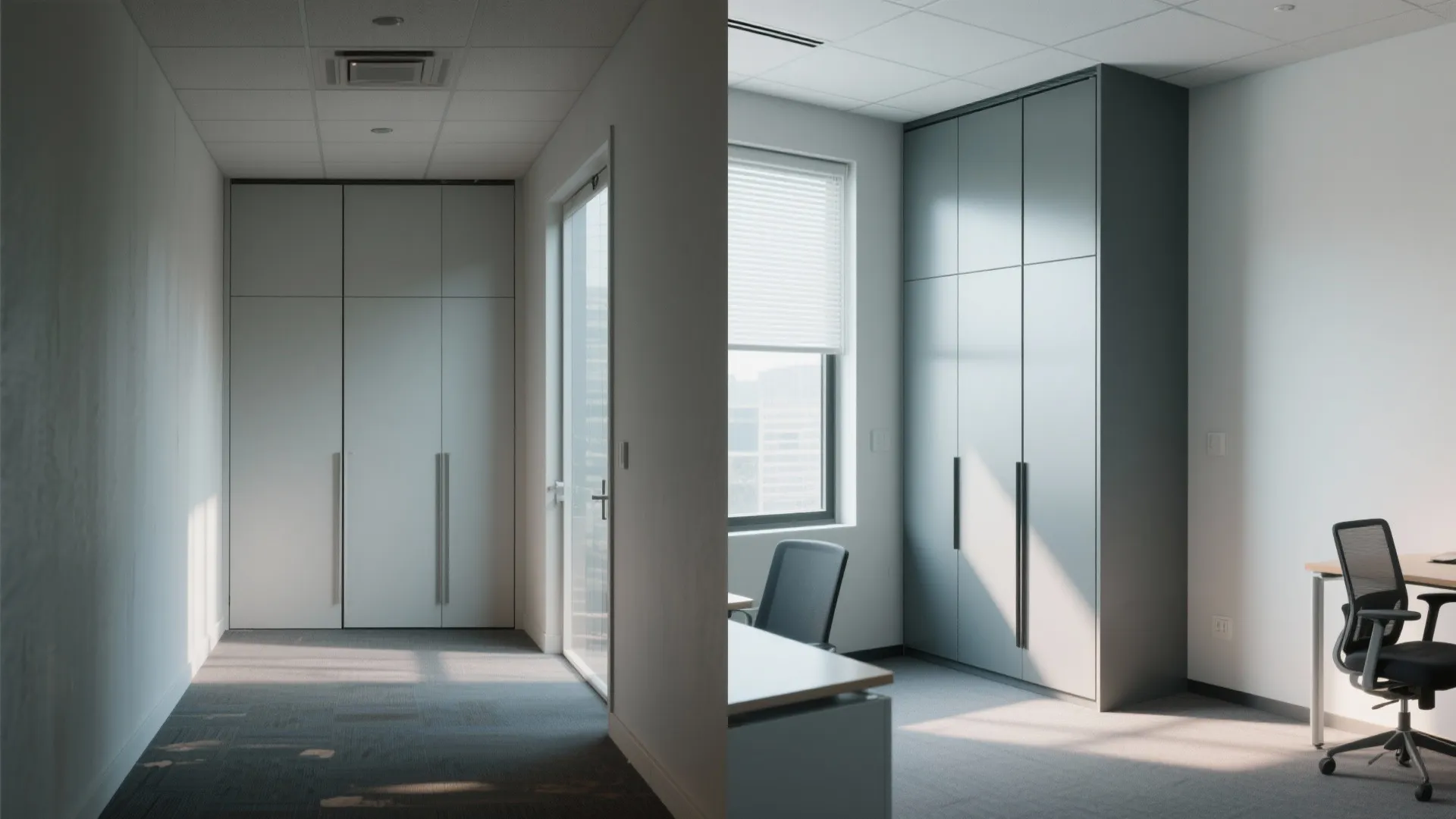 Interior design drawing showing before and after views of grey office storage cabinets and workspace area
