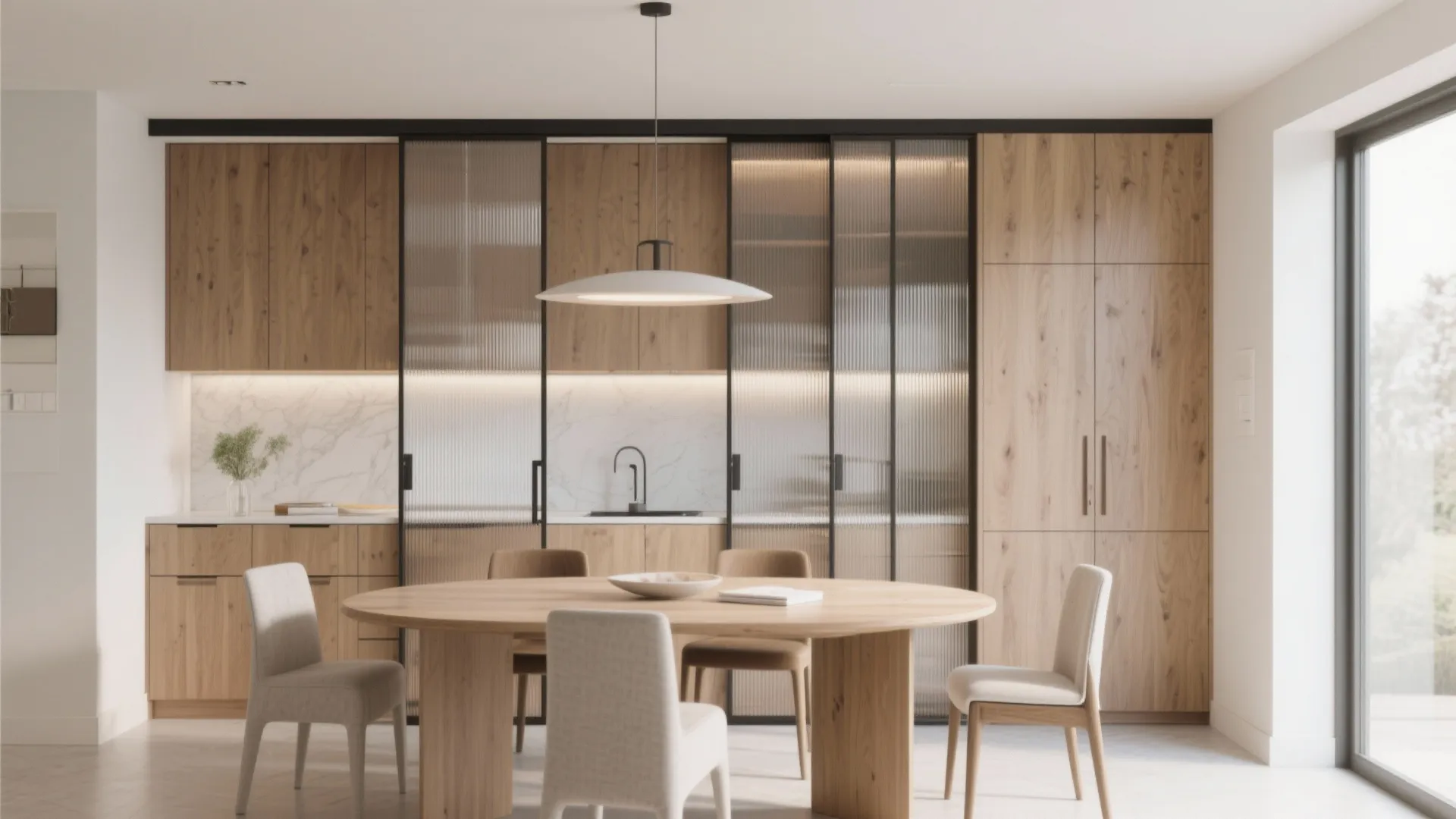Sliding-door built-in dining cabinets with wood and glass finish