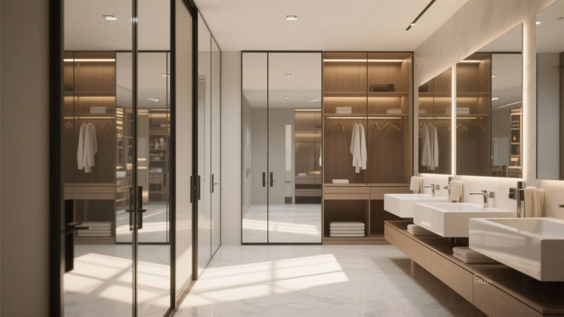 Modern master bathroom with double sinks wooden cabinet mirrors and glass doors to walk-in closet