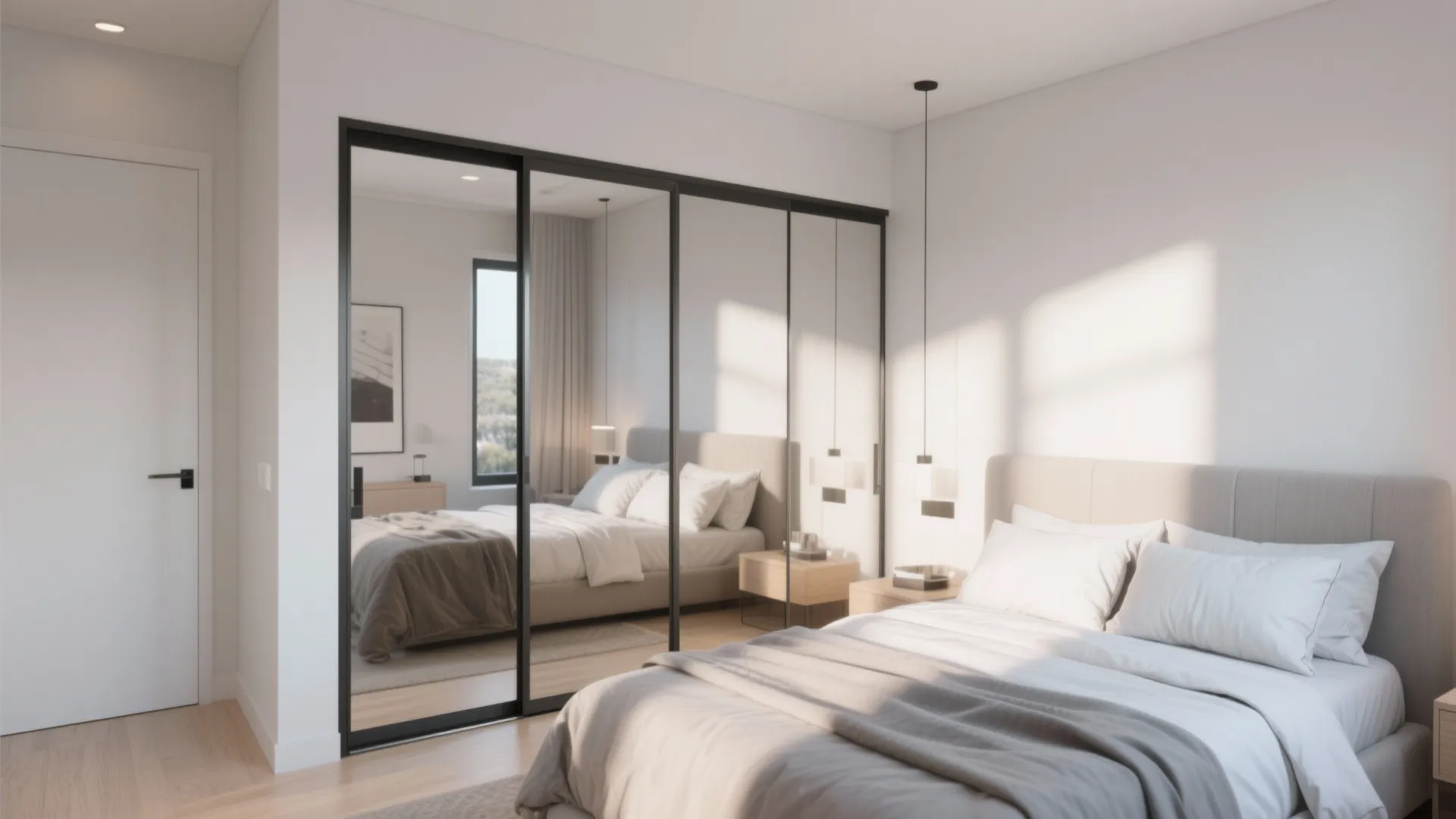 Bright bedroom featuring mirrored sliding door closet reflecting bed with white pillows and ceiling light