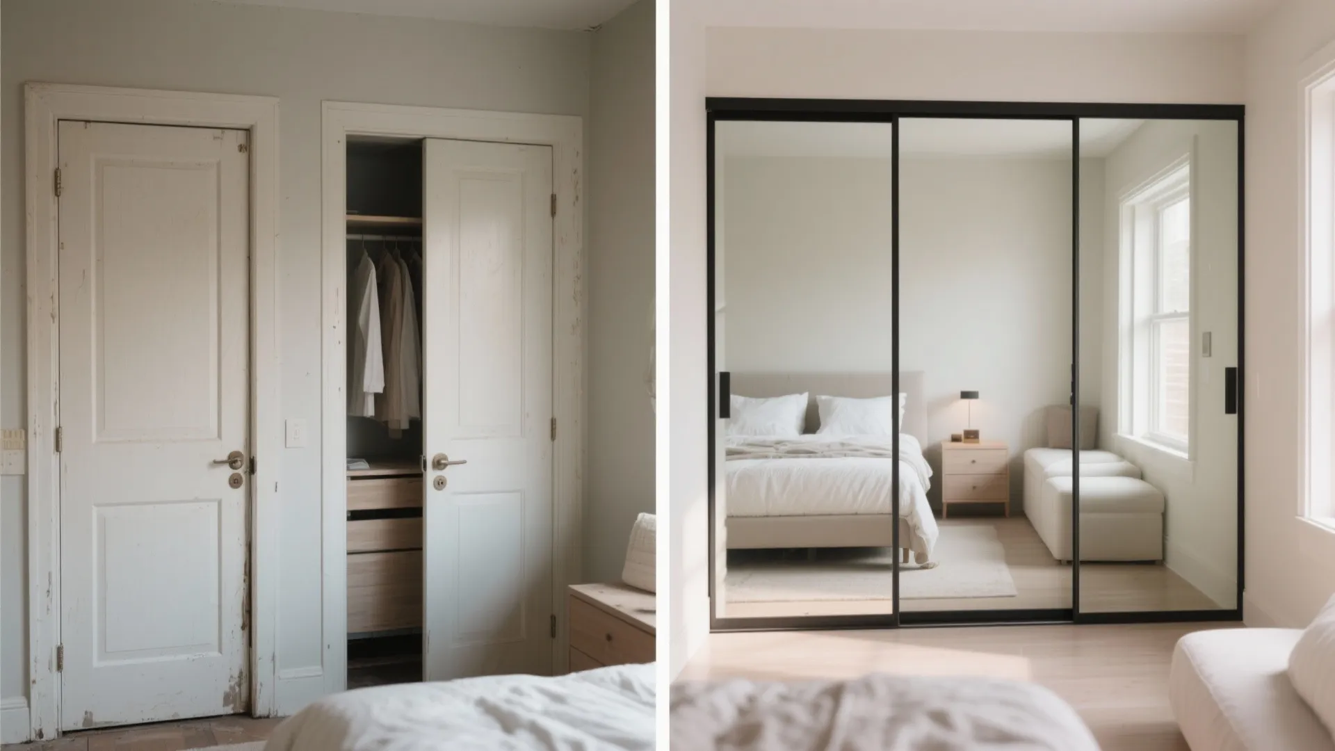 Before and after comparison of old white wooden doors versus modern black frame sliding mirror doors