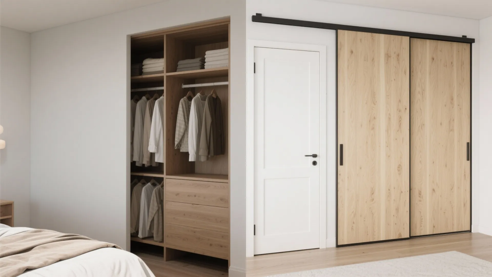Modern bedroom featuring a built-in wooden closet with hanging clothes and sliding light wood doors