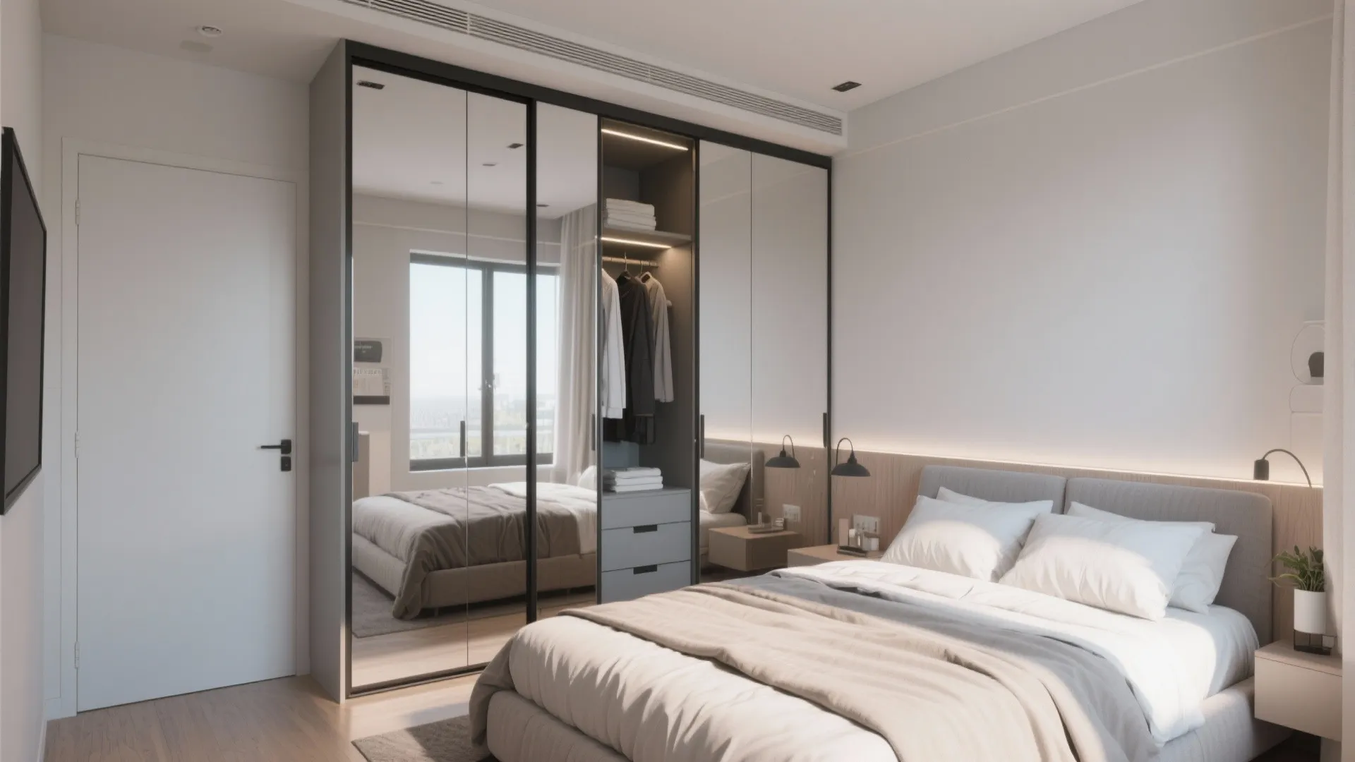Small bedroom with mirrored sliding wardrobe doors