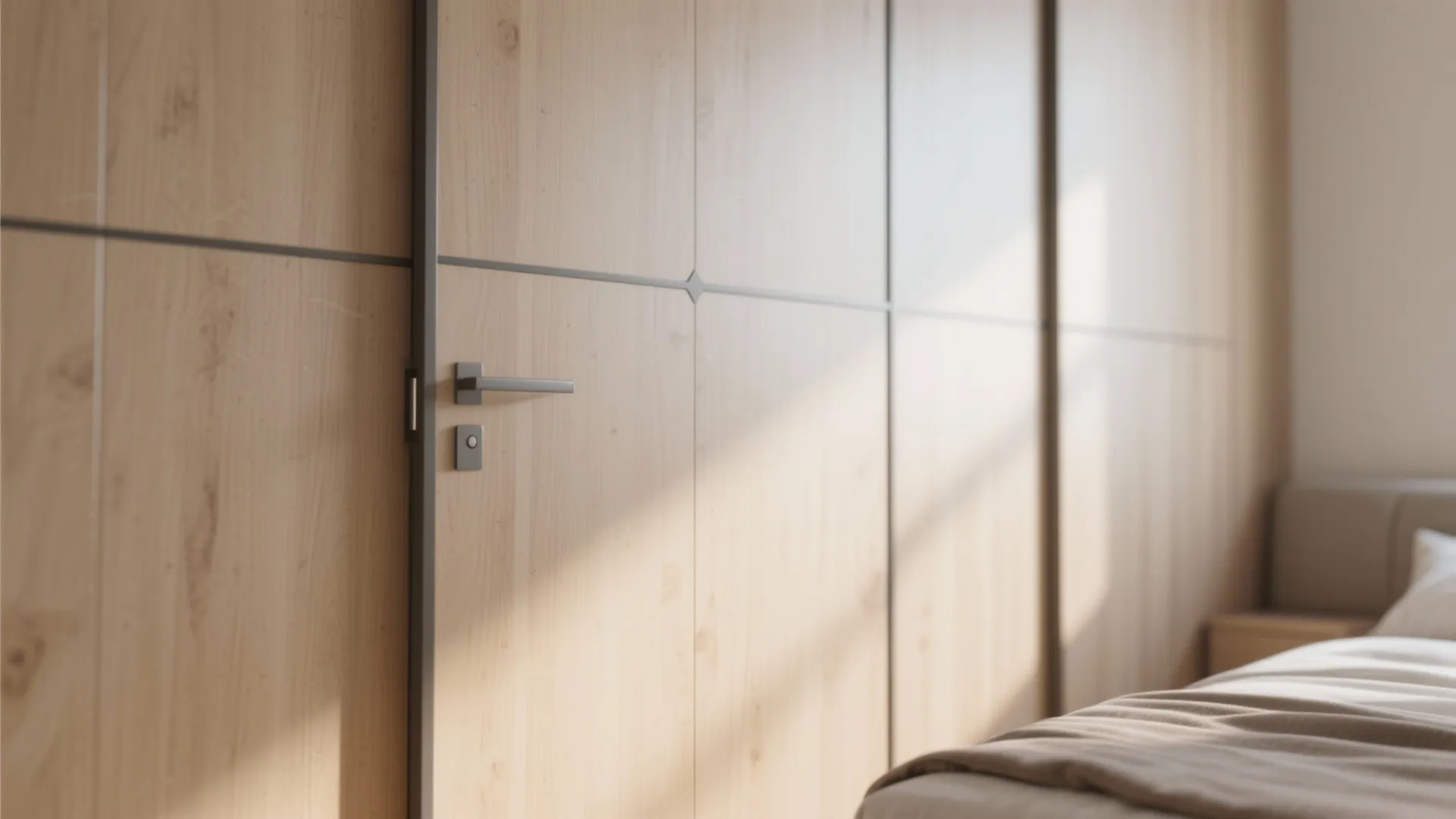 Close up of wooden sliding door with black handle in a bright modern bedroom interior design