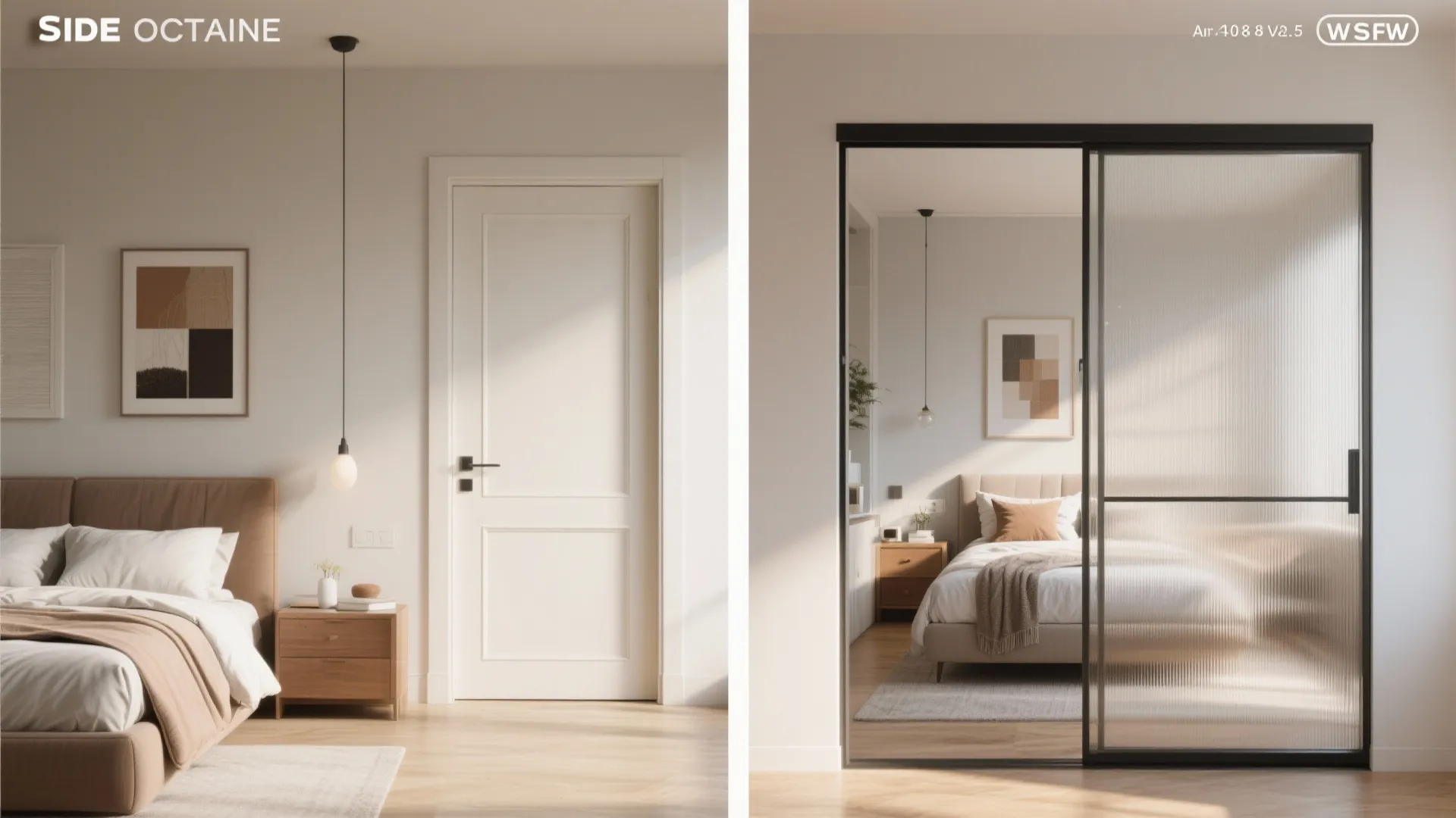 Side by side comparison of white swing door and modern sliding glass door in bedroom