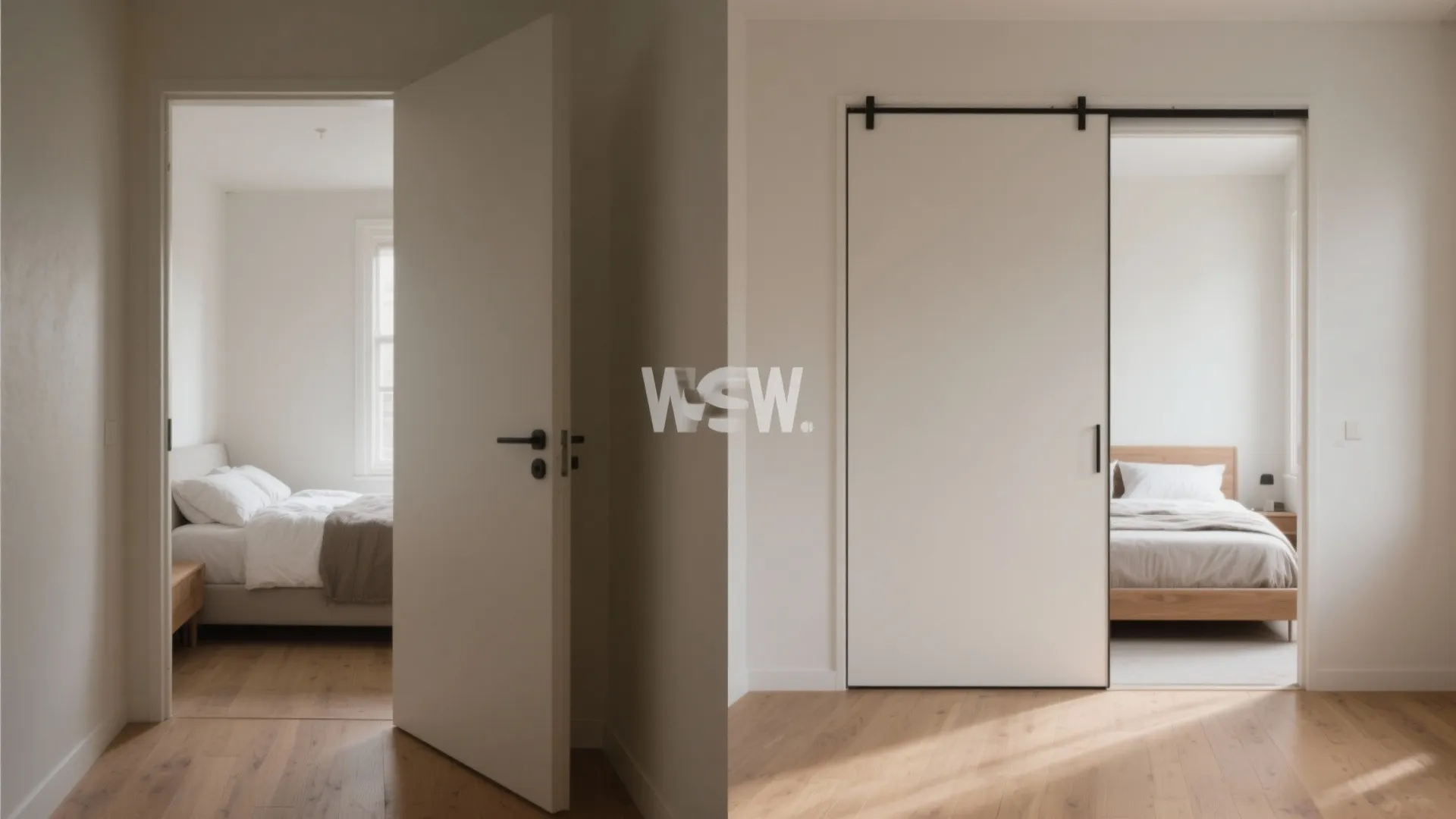 Comparison of a standard swinging door versus a white sliding door for a bedroom entrance