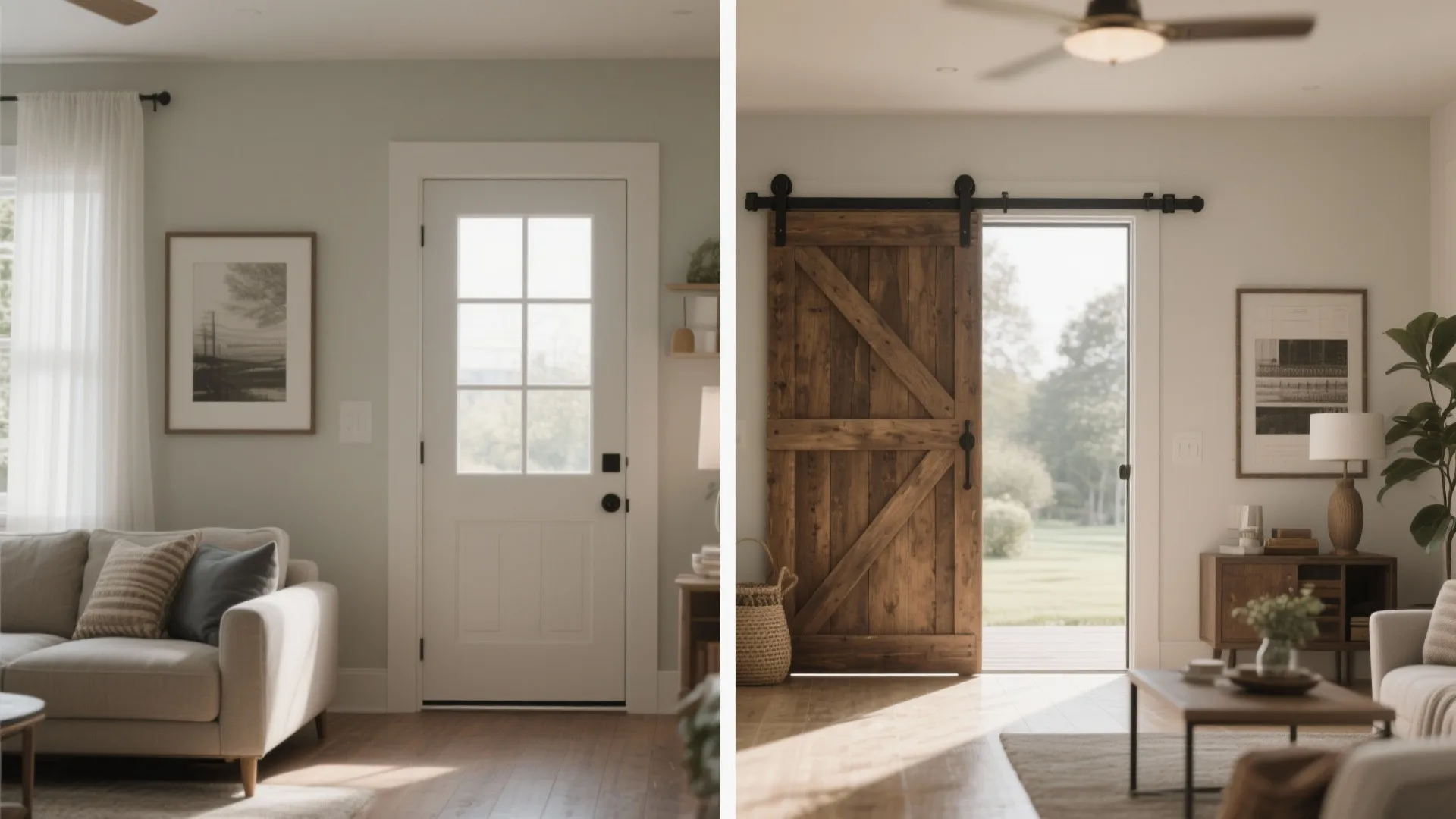 Side by side comparison of a white glass door and a rustic wooden sliding door