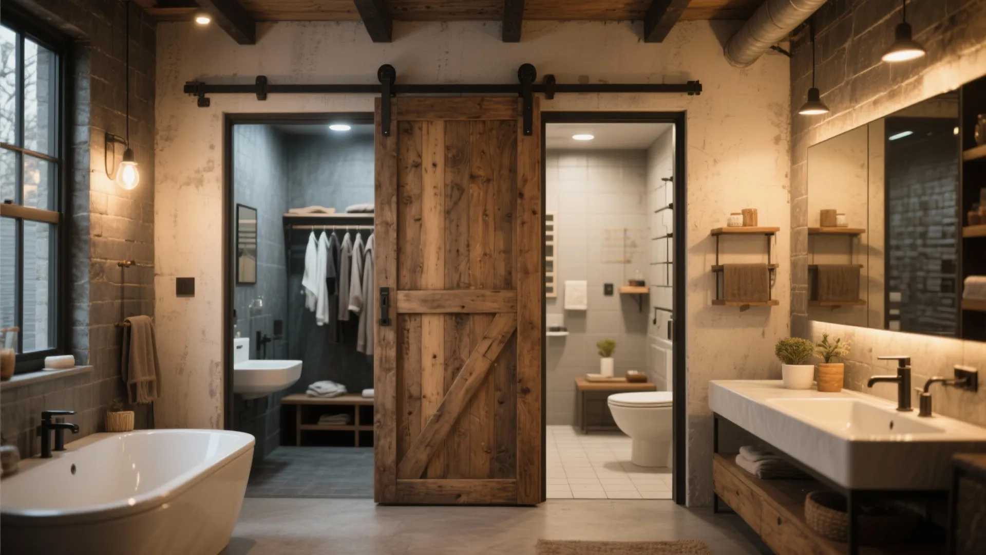 Industrial bathroom with sliding wooden barn door white bathtub vanity mirror and wall light fixtures