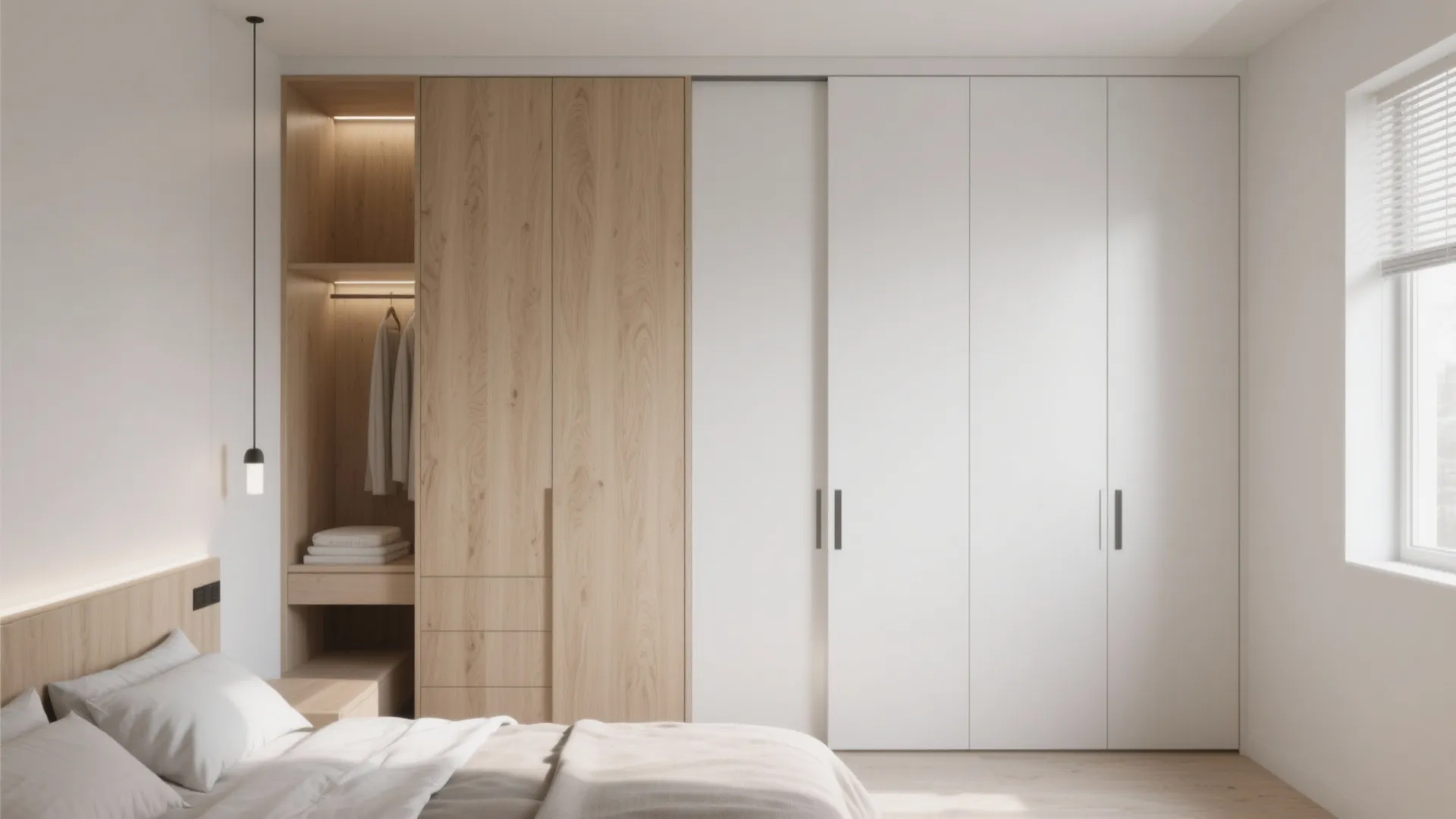 Modern bedroom showing large wooden cabinet with hanging clothes beside white sliding doors and cozy bed