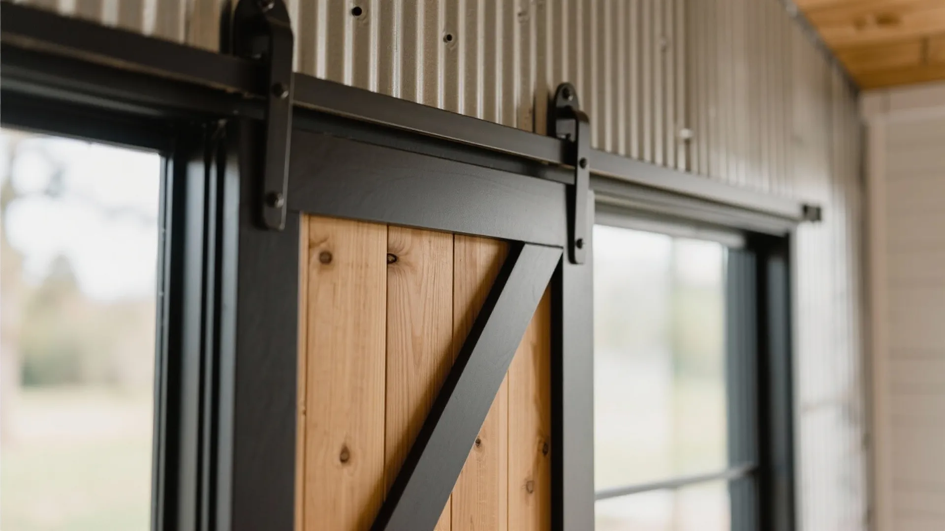 Close up of a wooden sliding barn door with black metal hardware on corrugated wall